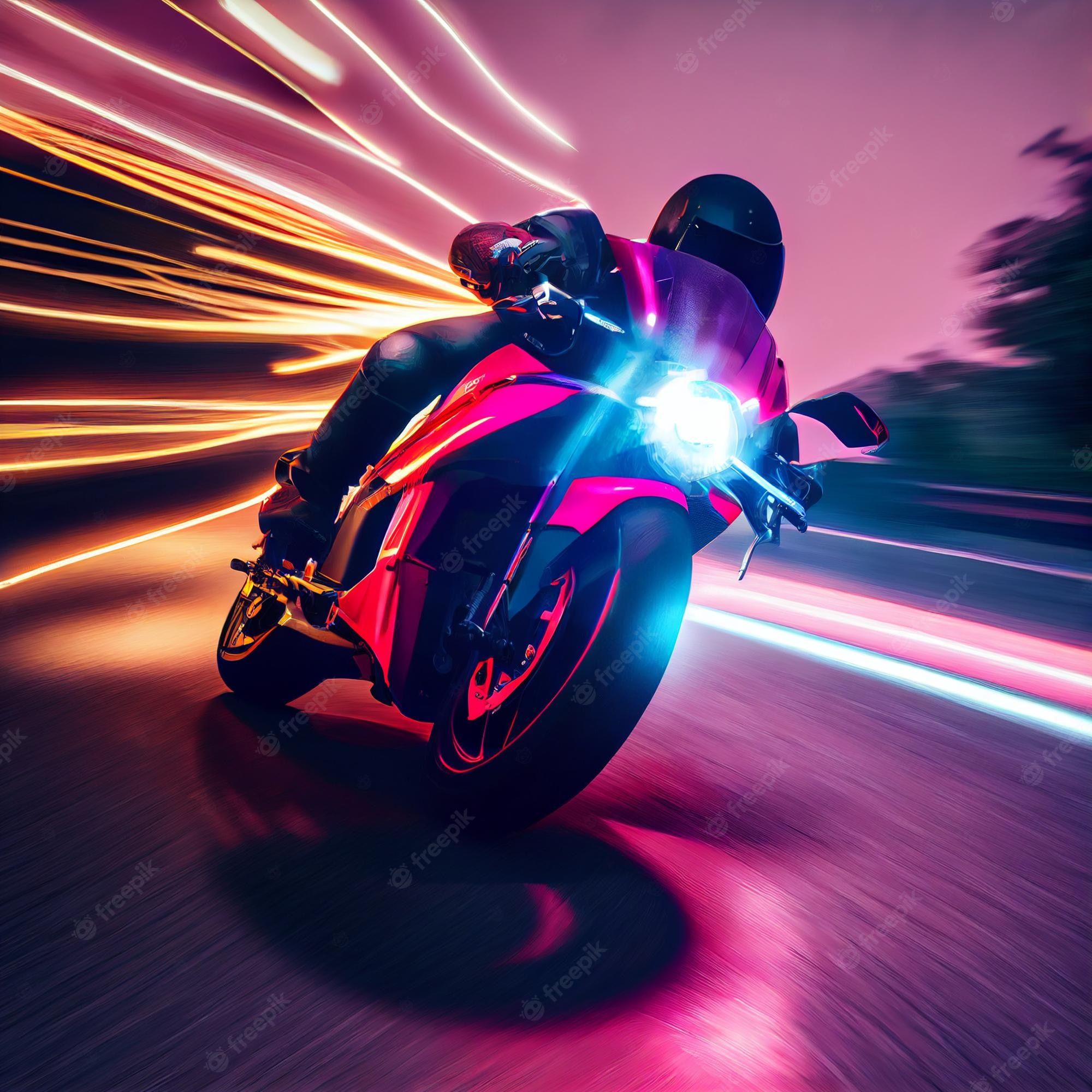  Motorrad Hintergrundbild 2000x2000. Atemberaubendes Foto Eines Biker Motorradfahrers, Der Ein Sportbike Mit Neonlichtern Fährt