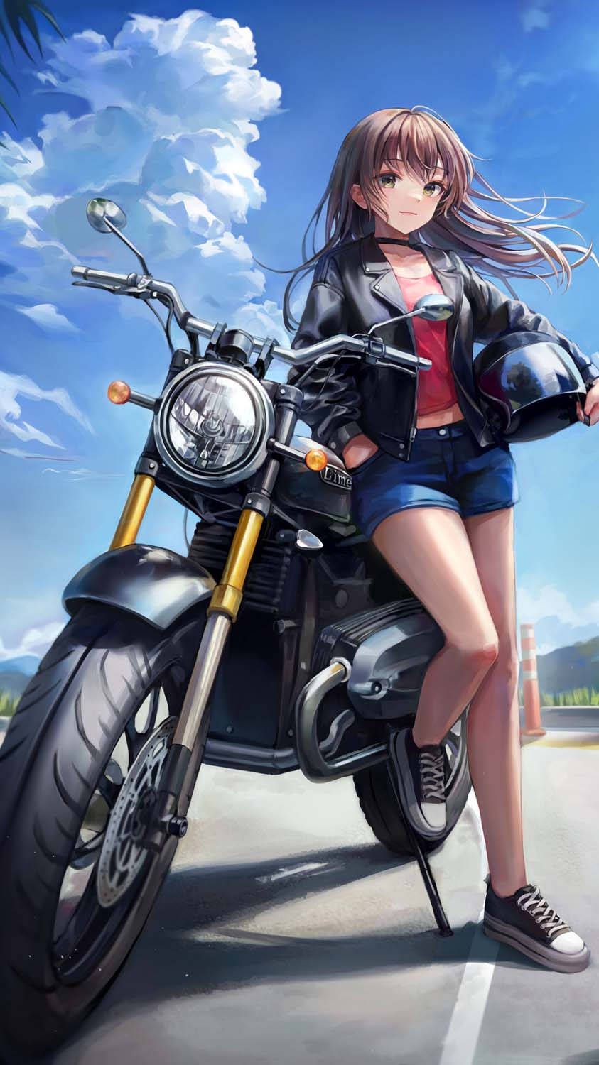  Motorrad Girl Hintergrundbild 843x1500. Download Motorcyclist Anime Girl Phone Wallpaper