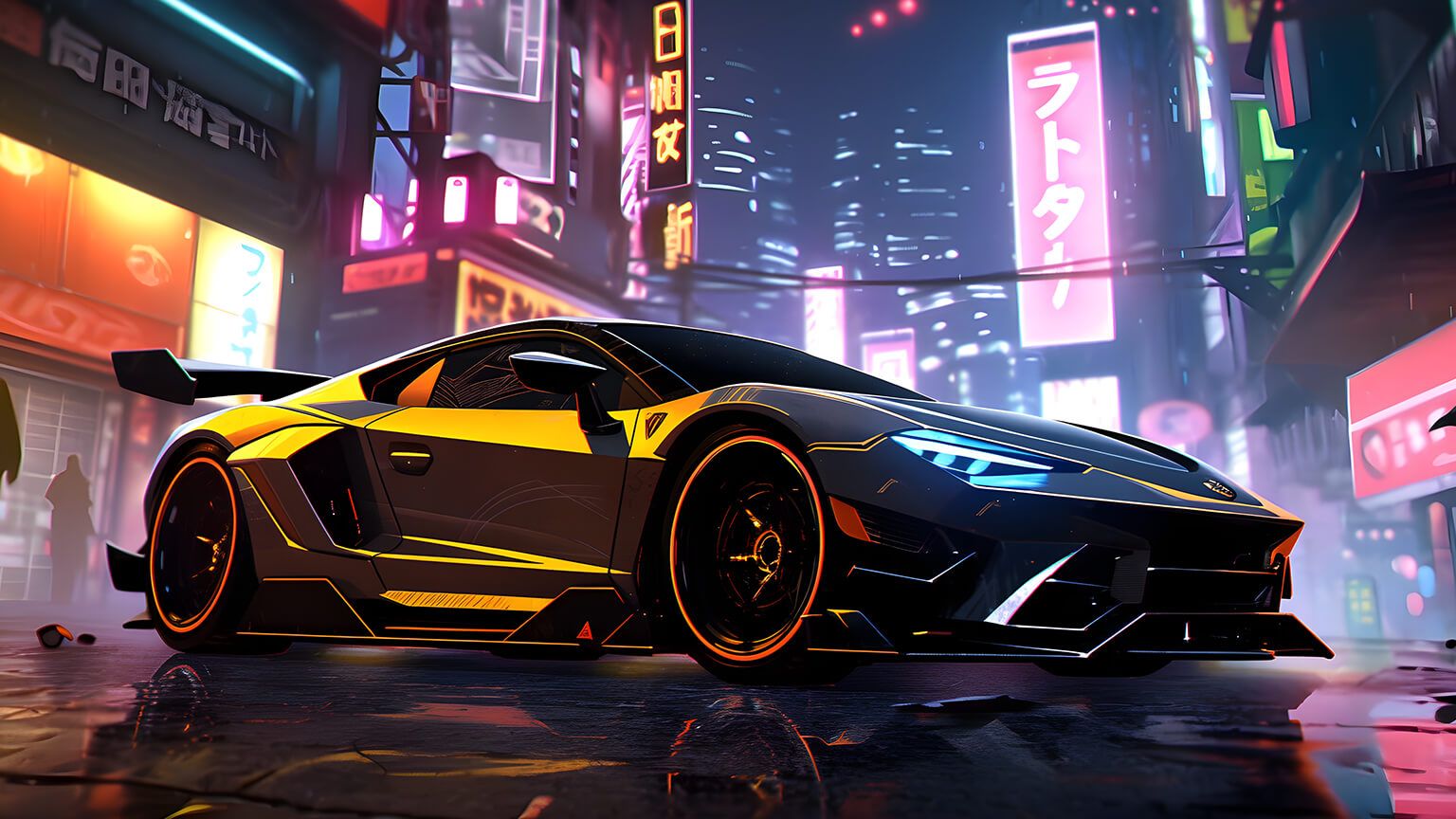  Lamborghini Aventador Hintergrundbild 1536x864. Lamborghini Aventador in Cyberpunk City Desktop Wallpaper in 4K