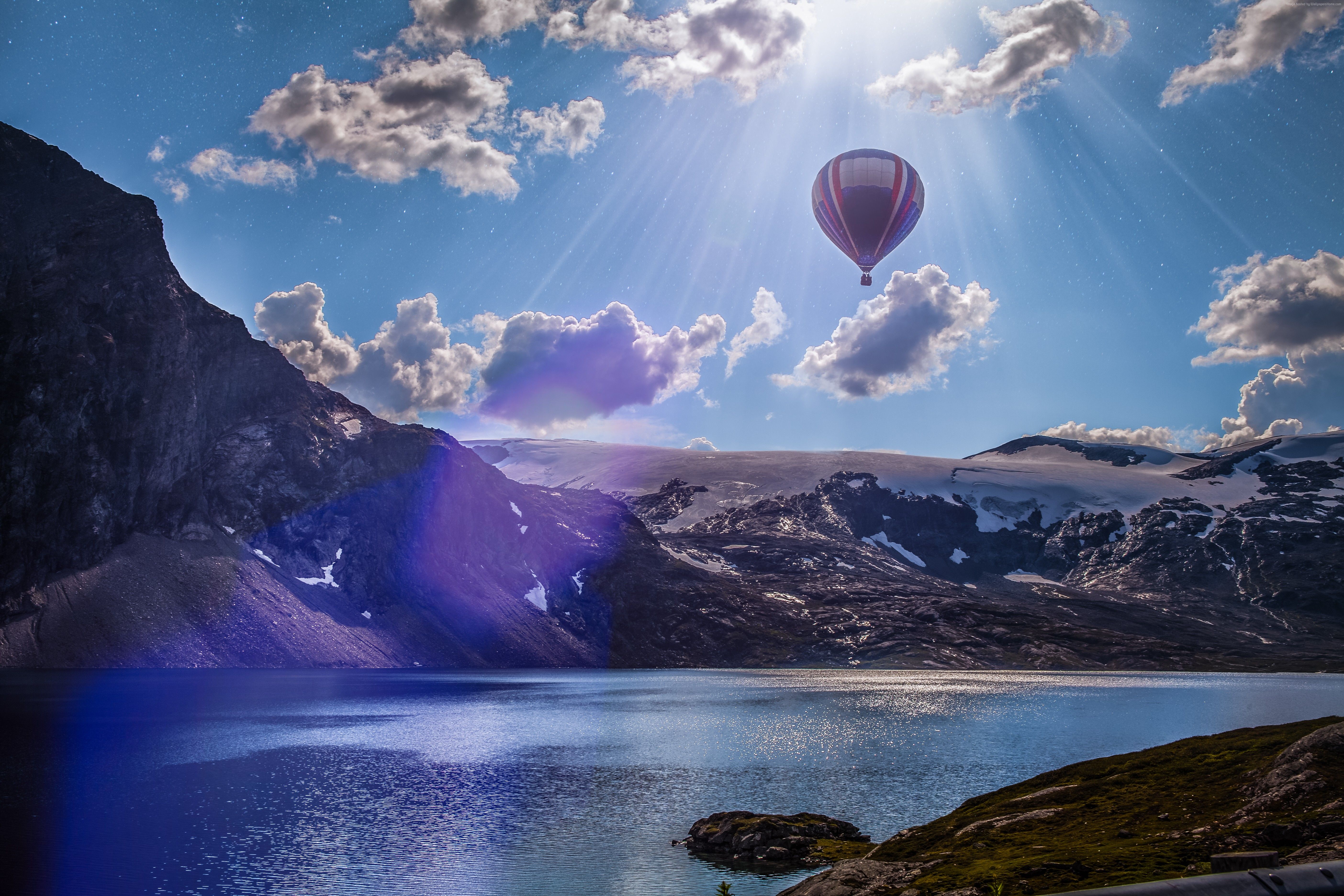  5k Hintergrundbild 5616x3744. balloon, 5k wallpaper, mountains, 4k, 8k, lake, clouds, Norway Gallery HD Wallpaper
