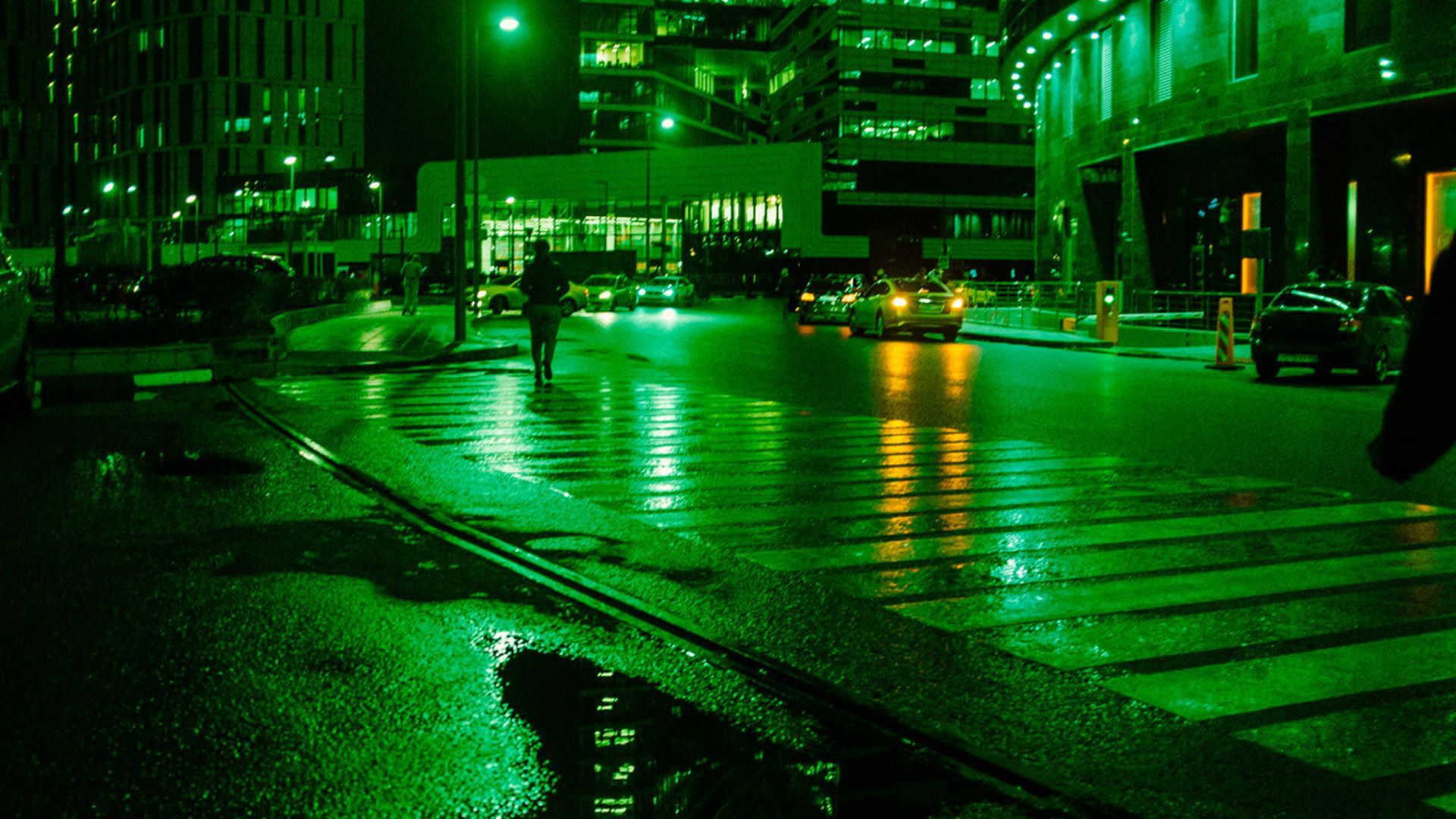 1920x1080 Hintergrundbild 1920x1080. Green Lights Road Buildings Vehicles During Nighttime HD Green Aesthetic Wallpaper