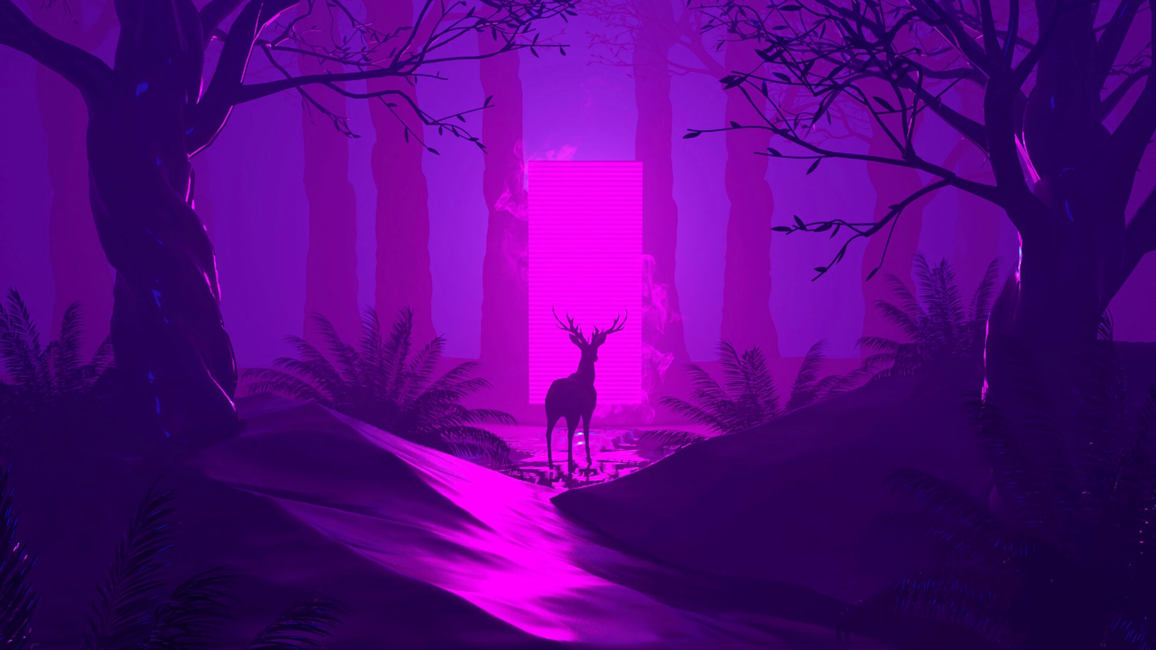 3840x2160 Hintergrundbild 3840x2160. Deer Silhouette Dark Forest Purple Aesthetic Background 4K HD Purple Aesthetic Wallpaper