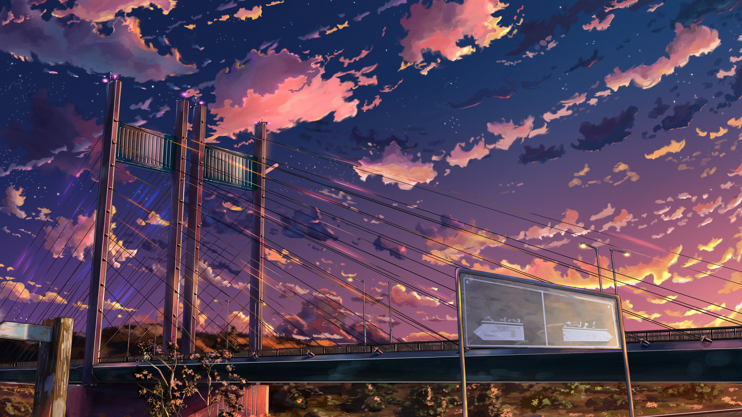  2560x1440 Hintergrundbild 2560x1440. Anime Bridge Cityscape Sky Clouds Wallpaper:2560x1440