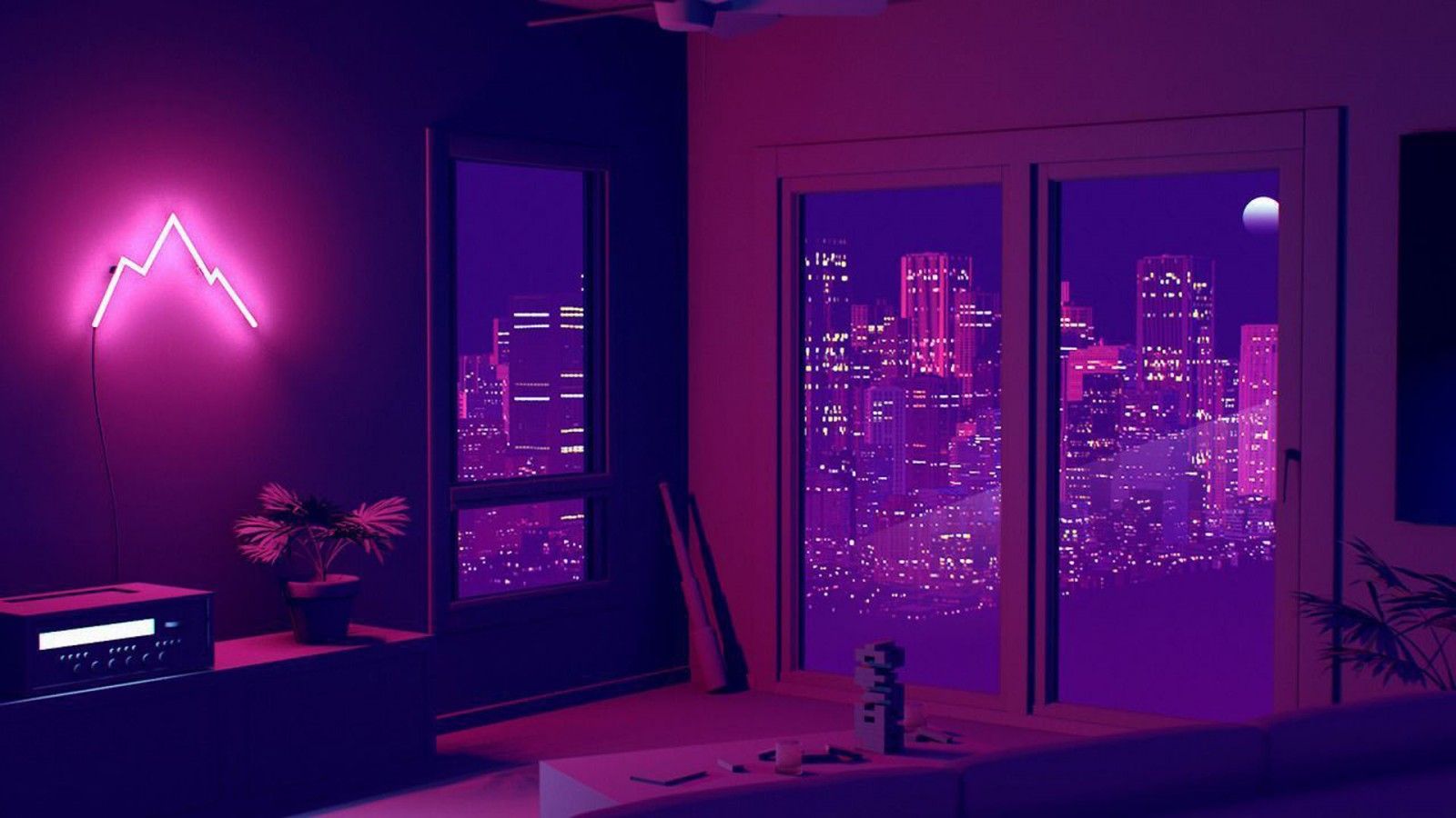 1600x900 Hintergrundbild 1600x900. Purple Wall Lights Flower Pot Buildings Background HD Purple Aesthetic Wallpaper