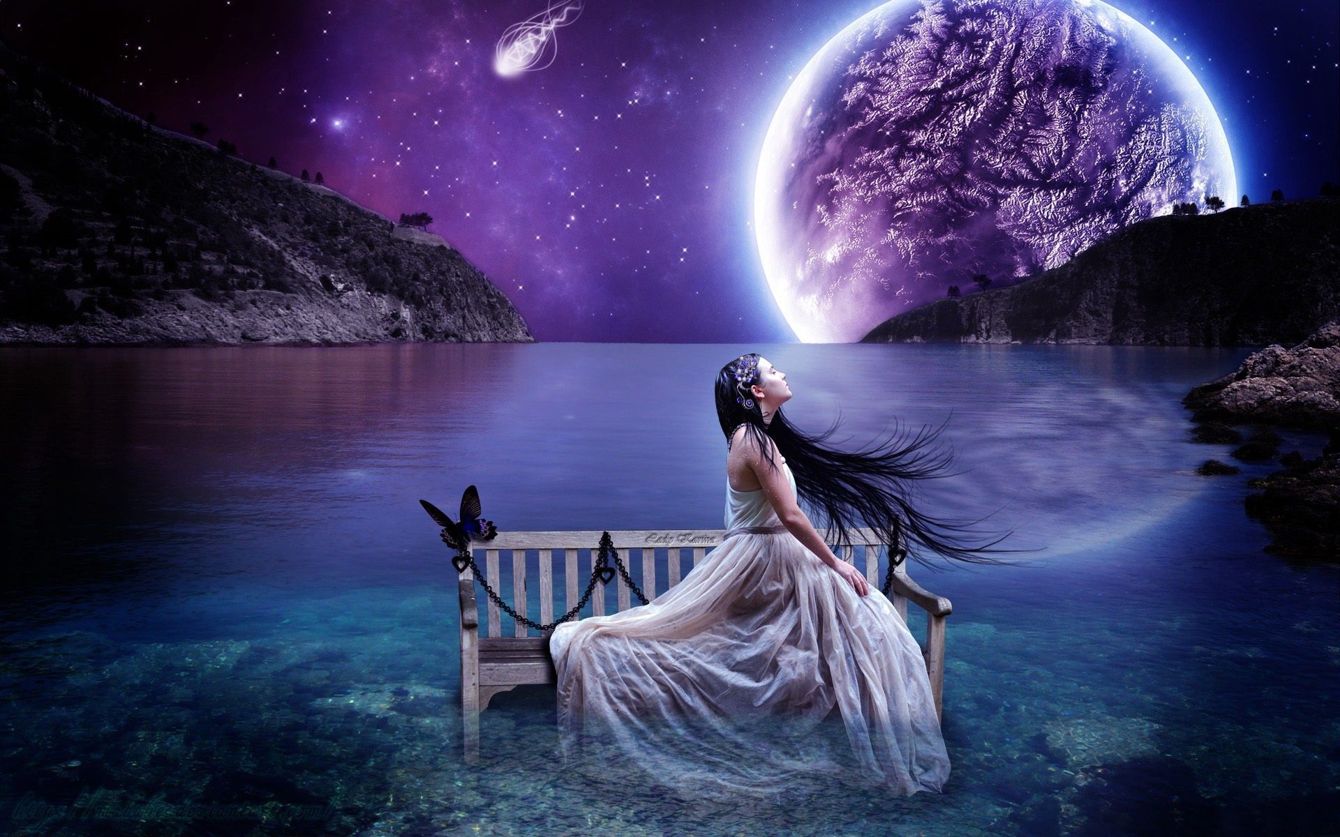 1920x1200 Hintergrundbild 1920x1200. Wallpaper Aesthetic creative landscape, lake water benches girl, sky planet 1920x1200 HD Picture, Image