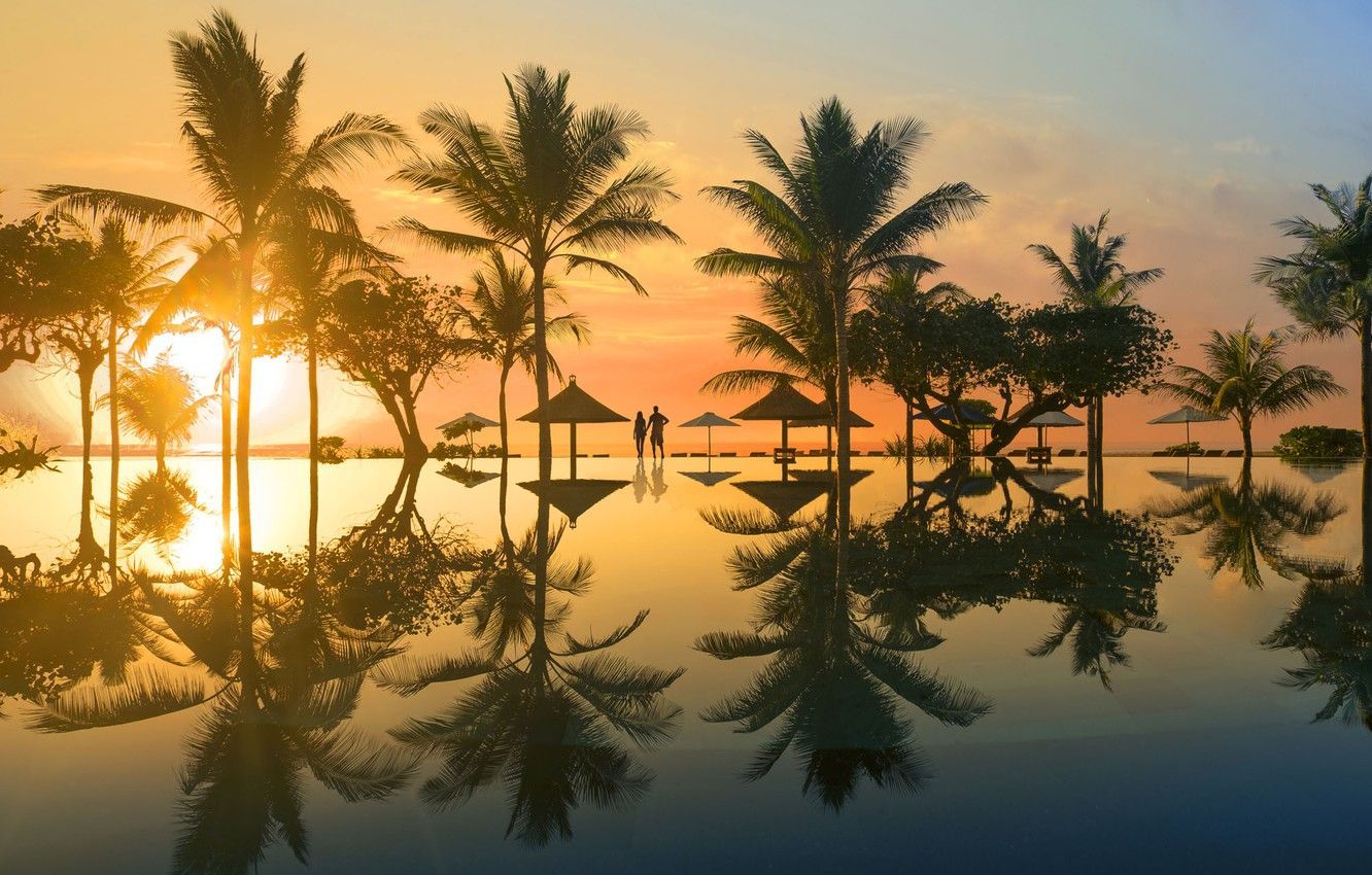  Bali Hintergrundbild 1332x850. Wallpaper sea, sunset, palm trees, stay, pool, Bali, pair, the hotel, Ayodya Resort Bali image for desktop, section город