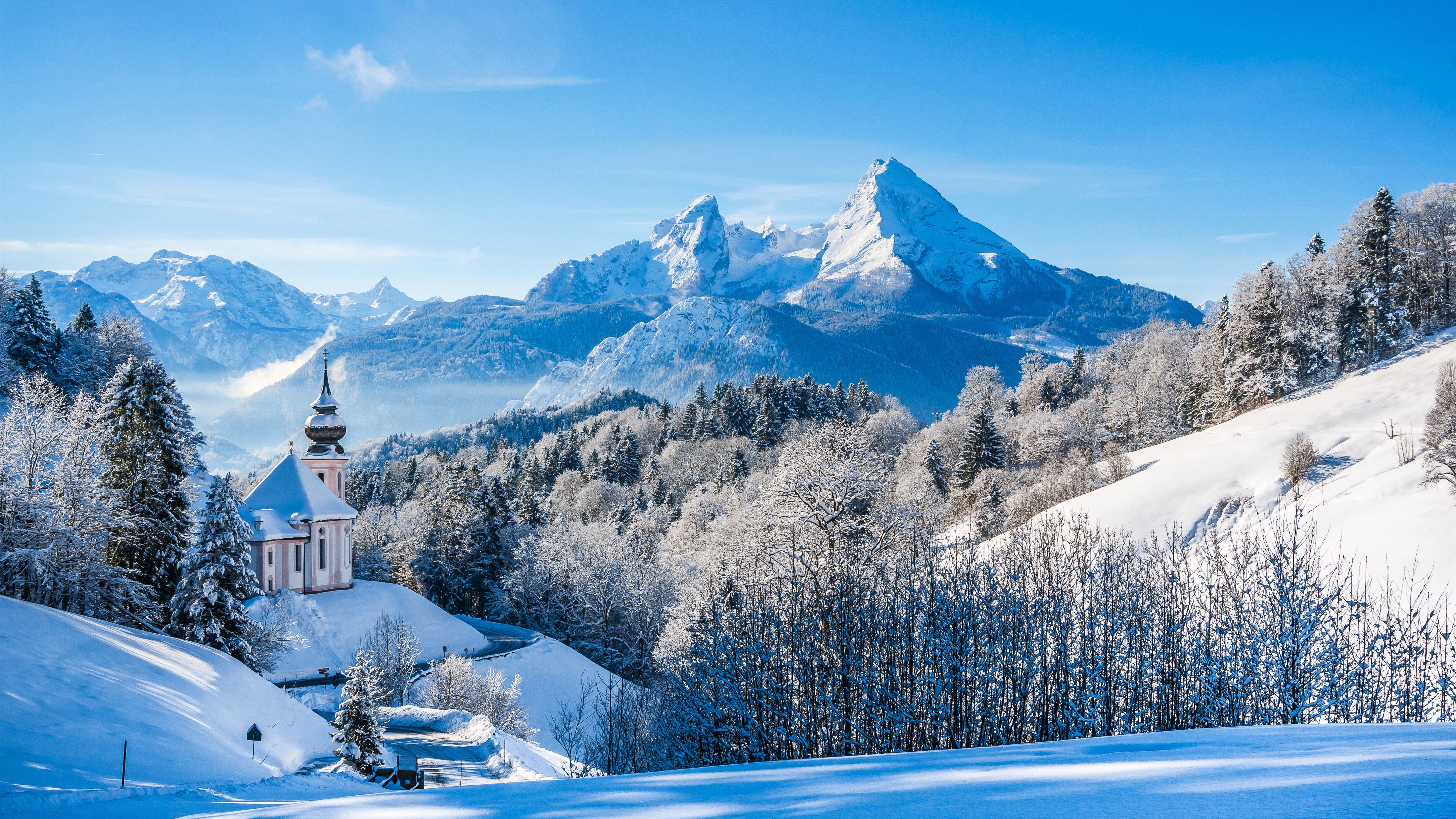  Berge Hintergrundbild 7680x4320. Deutschland, Bayern, Kirche, Bäume, Berge, Schnee, Winter 7680x4320 UHD 8K Hintergrundbilder, HD, Bild