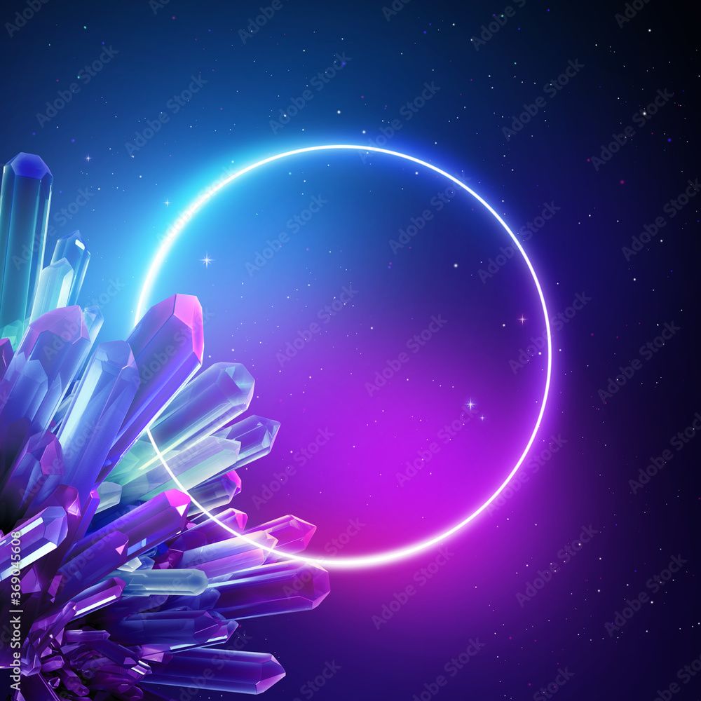 Neon Hintergrundbild 1000x1000. 3D Render, Abstract Neon Background With Crystals And Round Frame Over The Night Starry Sky In Ultraviolet Light. Esoteric Wallpaper Stock Illustration