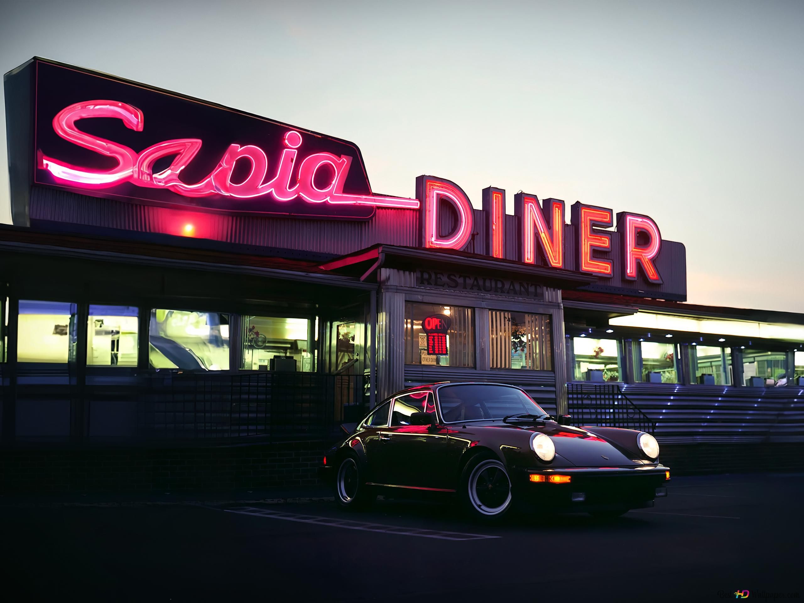 Porsche Hintergrundbild 2560x1920. Black Porsche park in a retro Diner 4K wallpaper download
