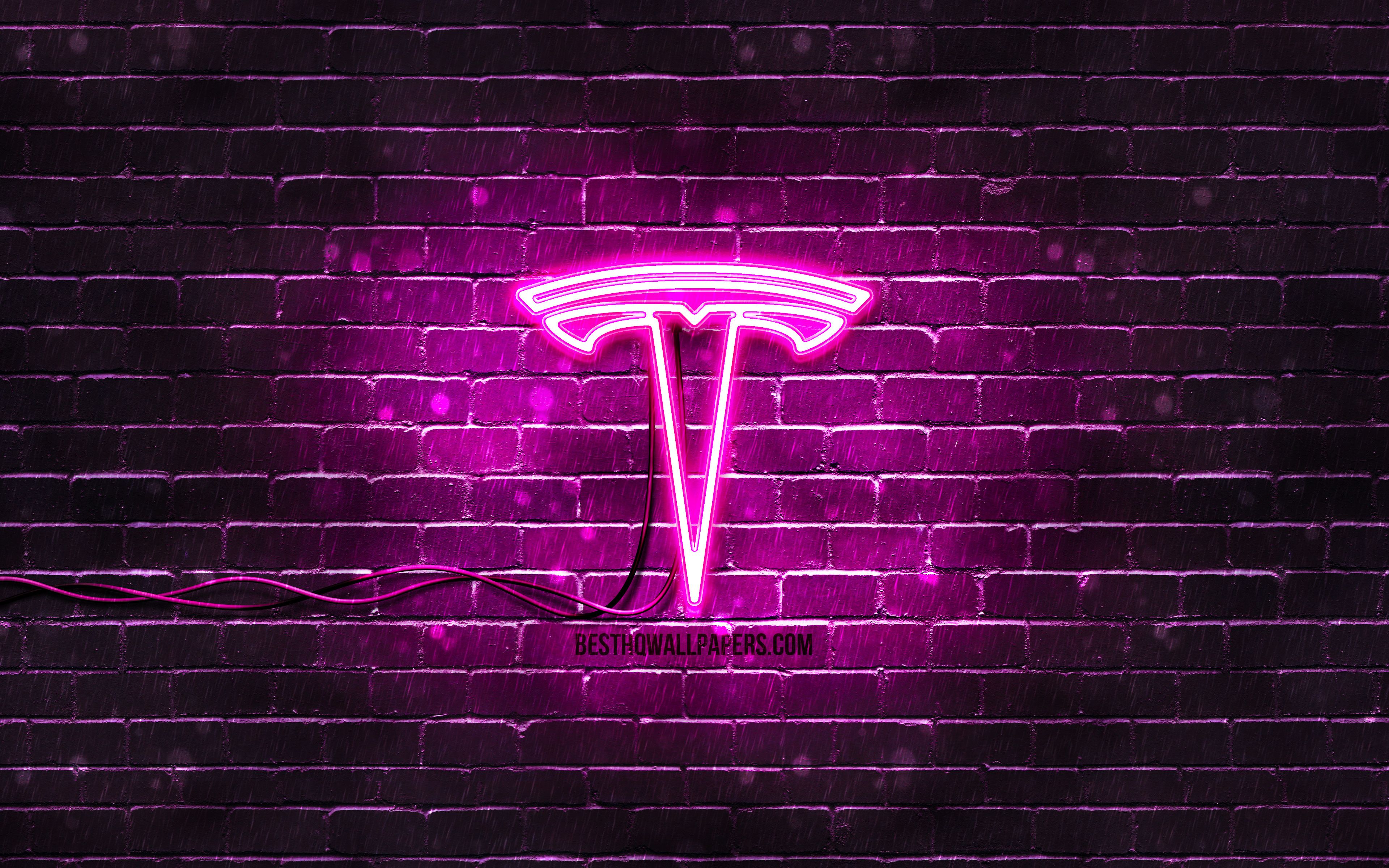 Tesla Hintergrundbild 3840x2400. Download wallpaper Tesla purple logo, 4k, purple brickwall, Tesla logo, cars brands, Tesla neon logo, Tesla for desktop with resolution 3840x2400. High Quality HD picture wallpaper
