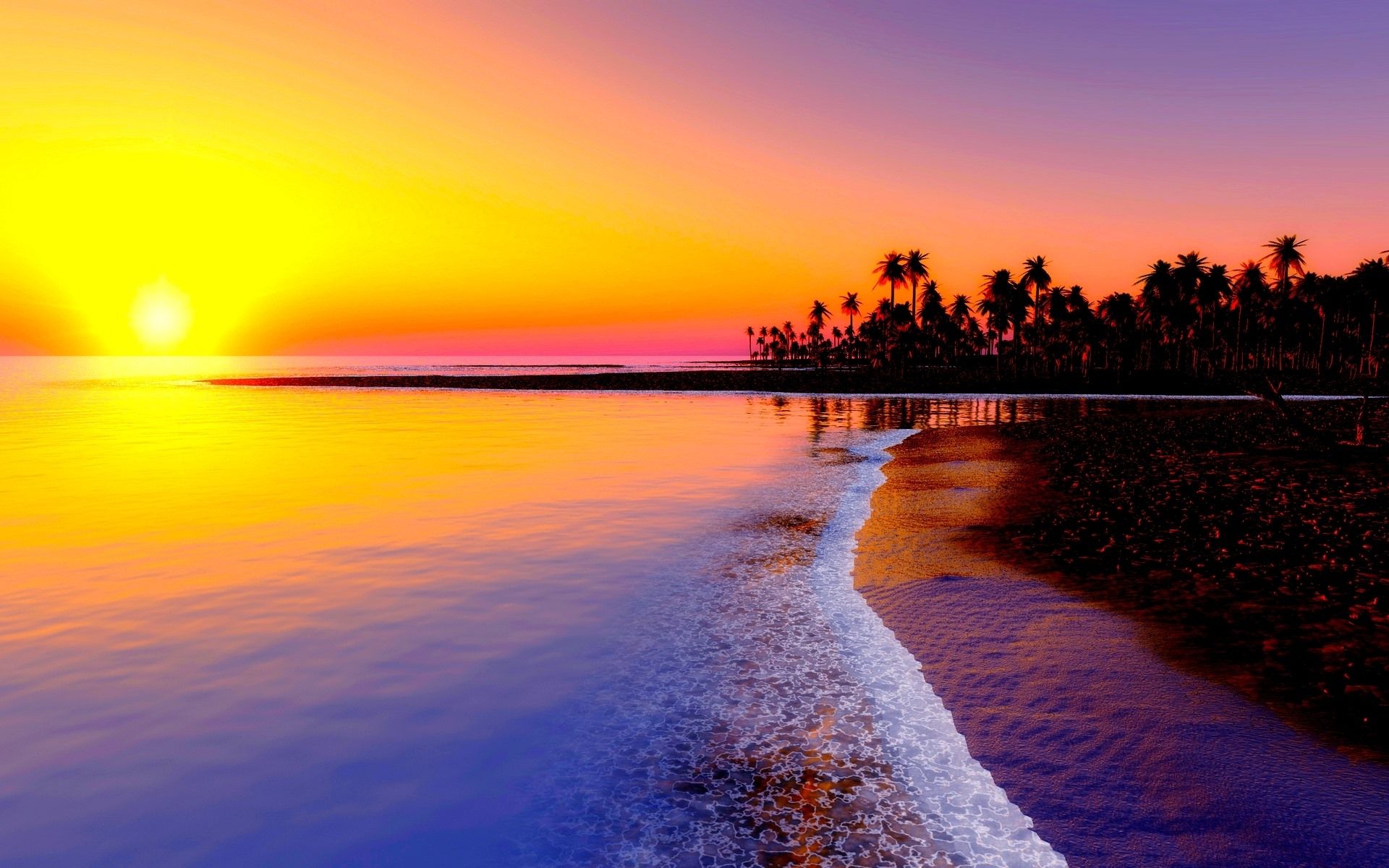  Sonnenuntergang Hintergrundbild 1920x1200. Wunderschöner Sonnenuntergang, Meer, Wellen, Strand, Palmen, Sonne 1920x1200 HD Hintergrundbilder, HD, Bild