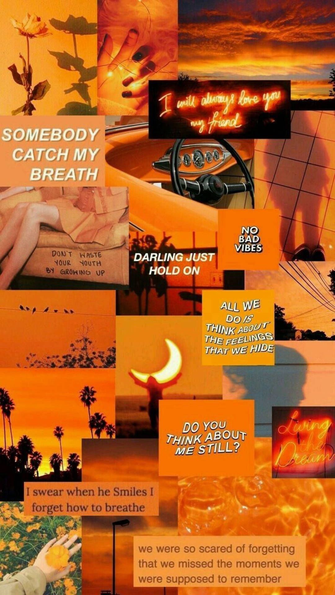 Orange Hintergrundbild 1081x1920. Download Orange Aesthetic Text Collage Phone Wallpaper