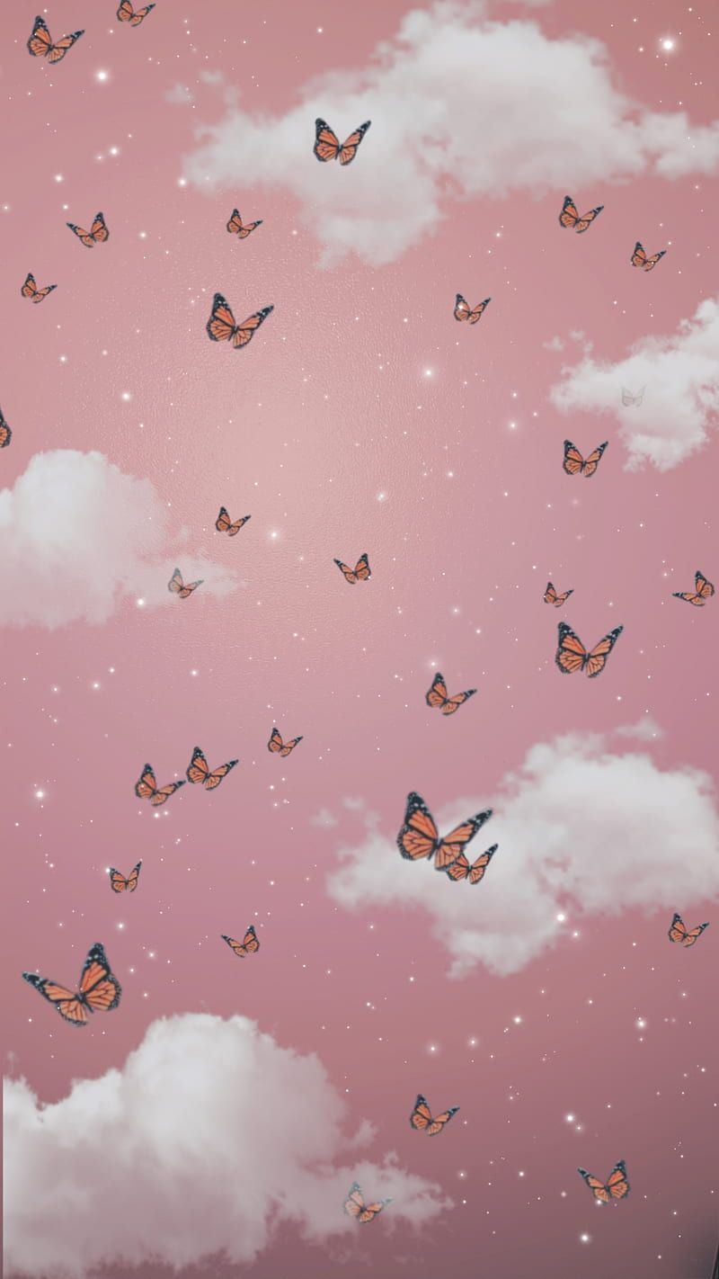  Pinke Hintergrundbild 800x1422. Cloudy sky, aesthetic, butterflies, clouds, pink, stars, HD phone wallpaper