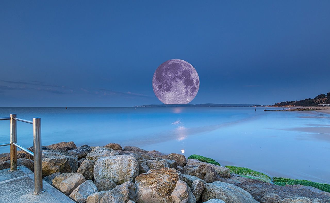 Desktop Hintergrundbild 1280x787. Desktop Hintergrundbilder Meer Natur Mond Abend Steine Horizont