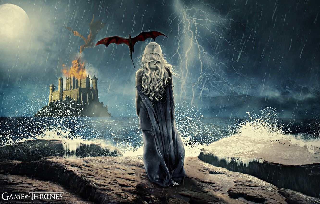 Game Of Thrones Hintergrundbild 1332x850. Wallpaper the storm, girl, flight, night, castle, rain, fire, the moon, dragon, back, wings, the series, fortress, Daenerys Targaryen, game of thrones image for desktop, section фильмы