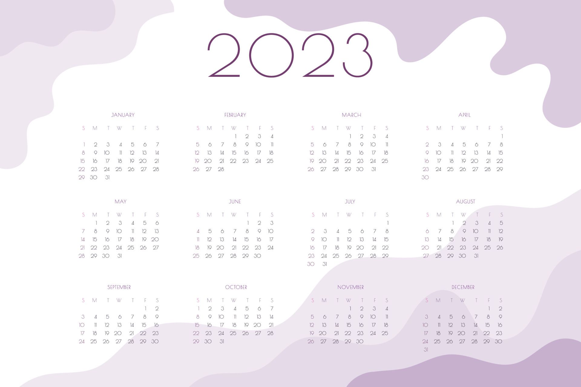 Kalender 2023 Hintergrundbild 1920x1280. Horizontale Landschaftsvorlage des Kalenders 2023 mit gewellten rosa und lila Elementen. Woche beginnt am Sonntag 4684145 Vektor Kunst bei Vecteezy