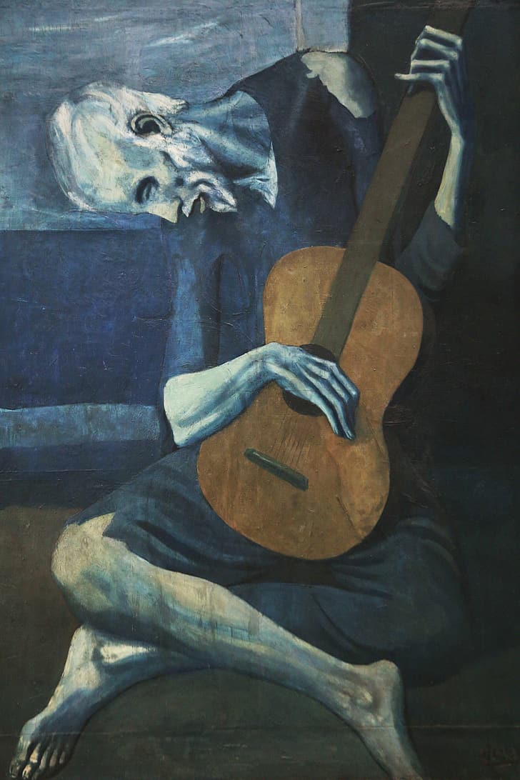 Picasso Hintergrundbild 728x1092. HD wallpaper: painting, artwork, guitar, guitarist, Pablo Picasso, blue, old people