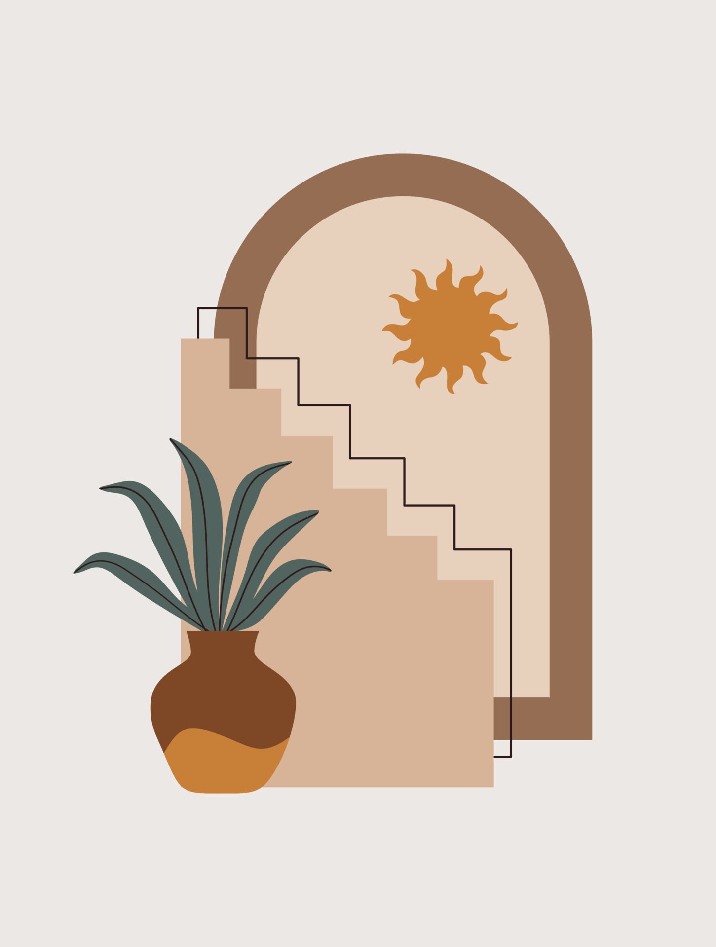Abstrakt Hintergrundbild 1451x1920. Modern abstract aesthetic background of geometric shapes, vase, stairs and plants. Wall decor in boho style. Mid century vector print for cover, wallpaper, card, social media, interior decor 7068156 Vector Art