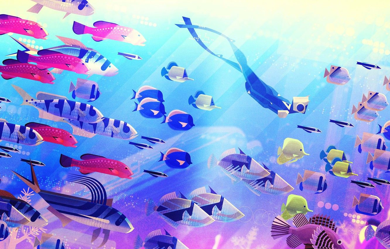  Fisch Hintergrundbild 1332x850. Wallpaper The ocean, Fish, Sea, Depth, Fish, Style, Fish, Diving, Art, Art, Style, Digital, Ocean, Illustration, Sea, Diving image for desktop, section арт