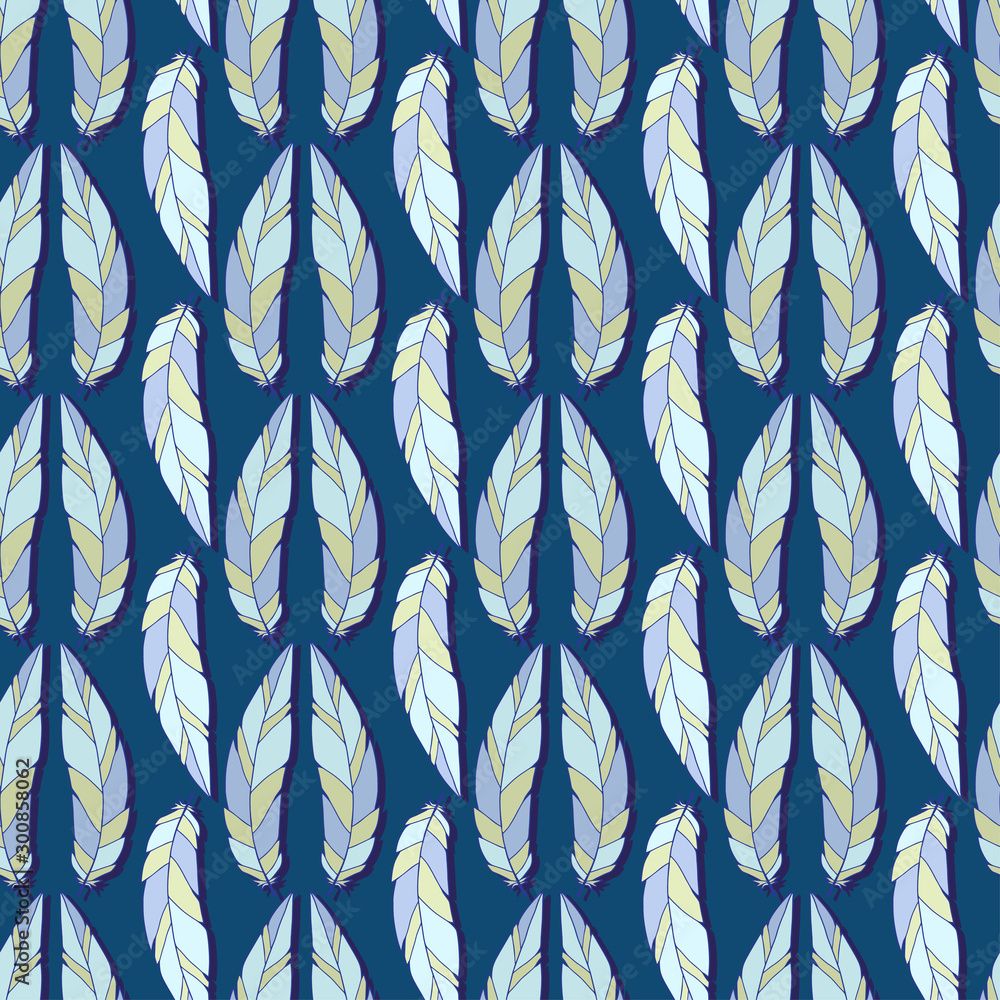 Boho Hintergrundbild 1000x1000. Feathers Seamless Pattern On Blue Background. Pastel Pattern For Fashion Textile And Wrap Print. Boho Wallpaper Design. Stock Vektorgrafik