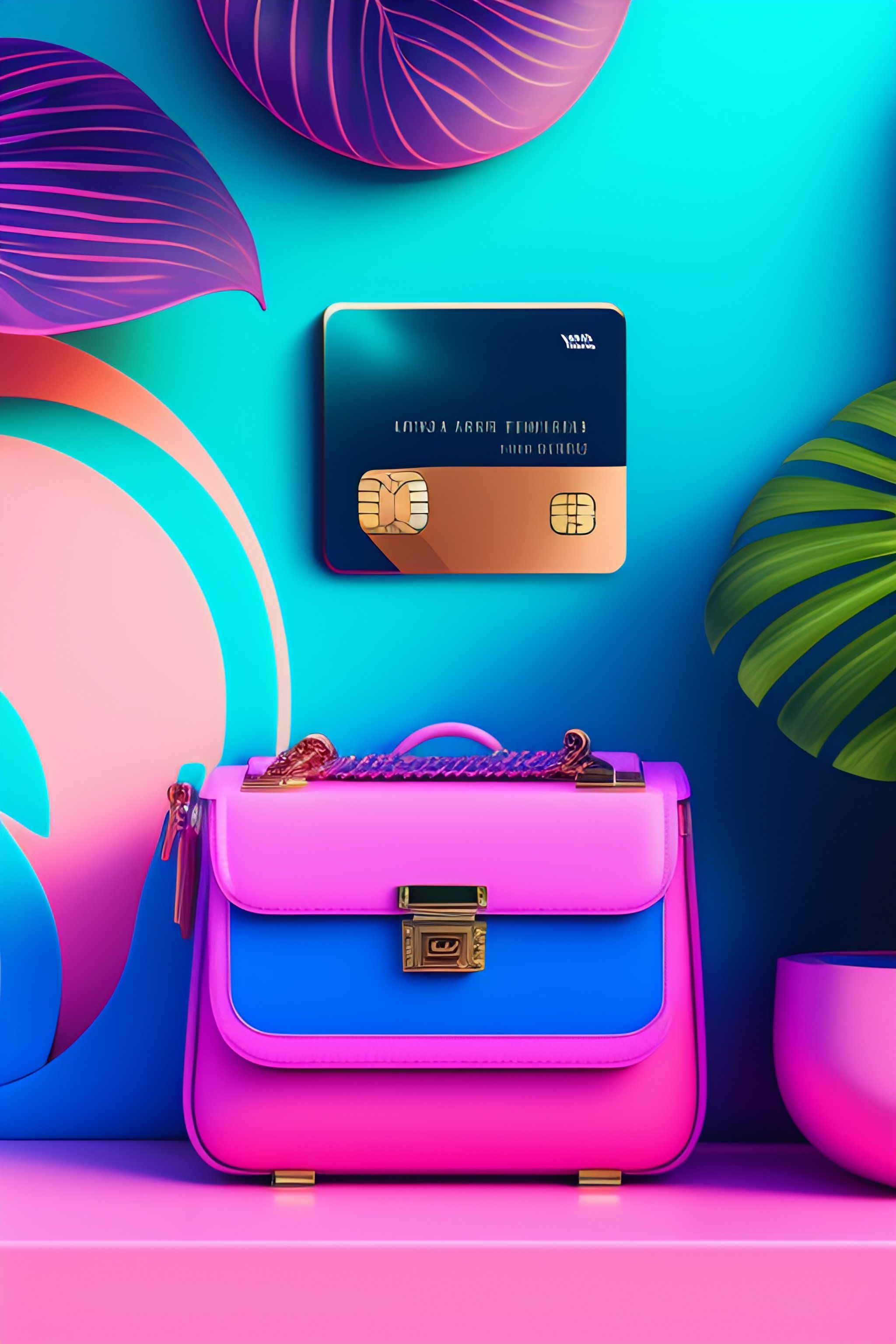  Visa Hintergrundbild 2048x3072. Lexica portrait agency of the future, tropical handbag, credit card, wallpaper in vaporwave aesthetic, photorealistic, blue and pink