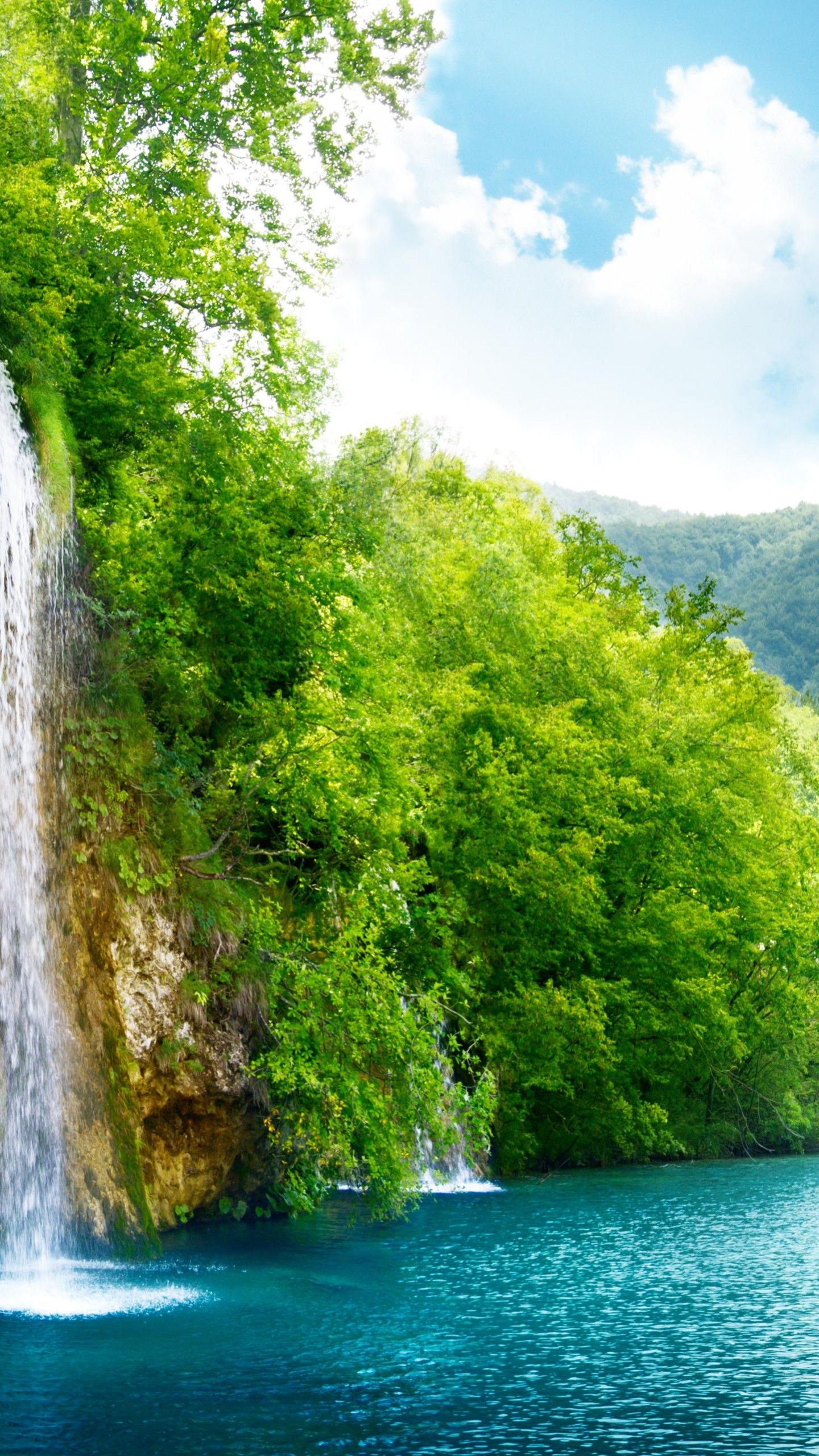 HD Hintergrundbild 1440x2560. Wallpaper Lake, 4k, HD wallpaper, sea, water, waterfall, rocks, mountain, sun, clouds, sky, forest, nature, Nature