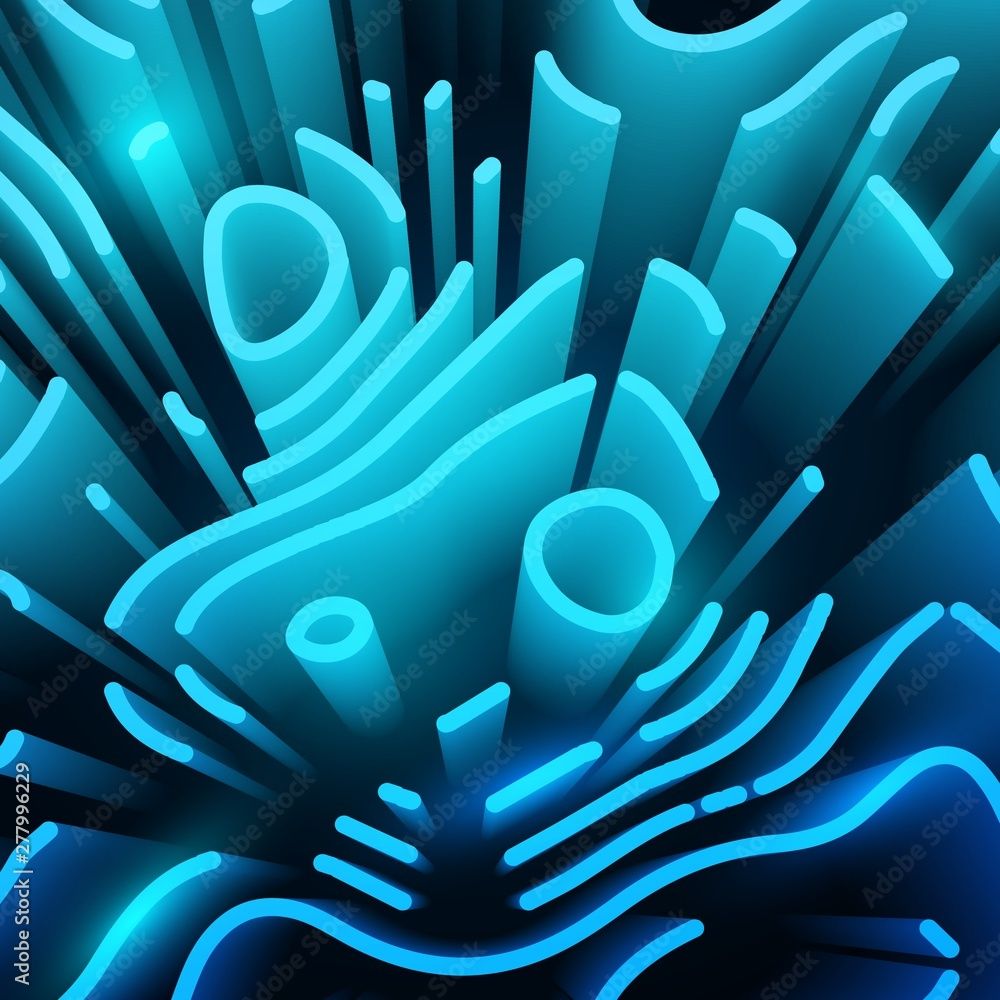  Coole Neon Hintergrundbild 1000x1000. Abstract Bright Background With 3D Elements. Blue Neon Wallpaper With Perspective Labyrinth. Technical Style With Wave Line. Gradient Color Geometric Shape. Vector Stock Vektorgrafik