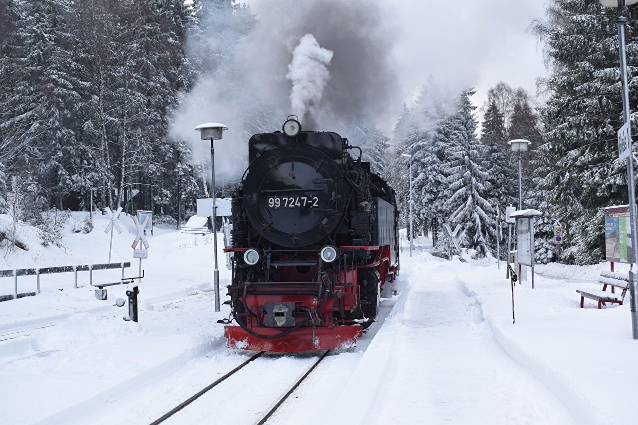  Dampflok Hintergrundbild 1280x853. Fotos von Winter Züge Schnee Rauch Eisenbahn
