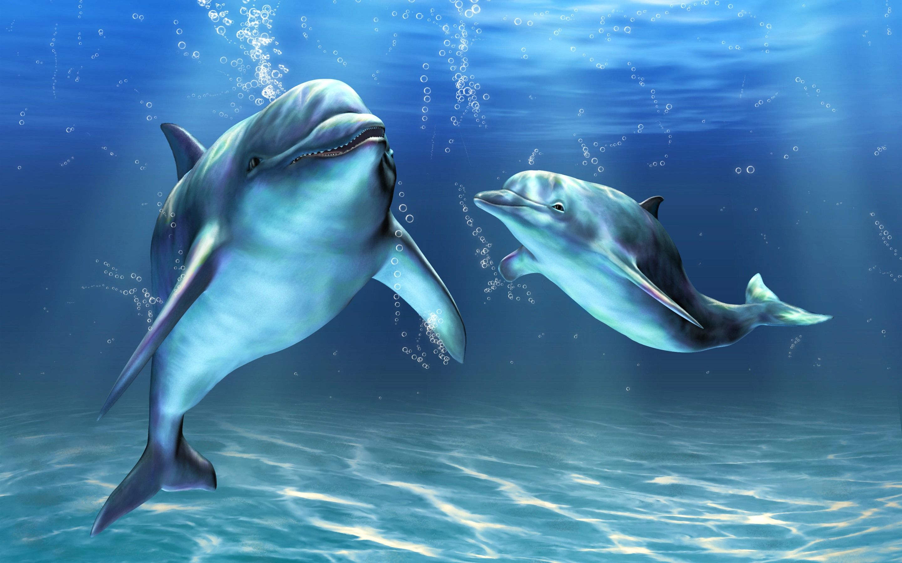  Delfine Hintergrundbild 2880x1800. Zwei Delfine, Unterwasser, Blasen, Kunstbild 2880x1800 HD Hintergrundbilder, HD, Bild