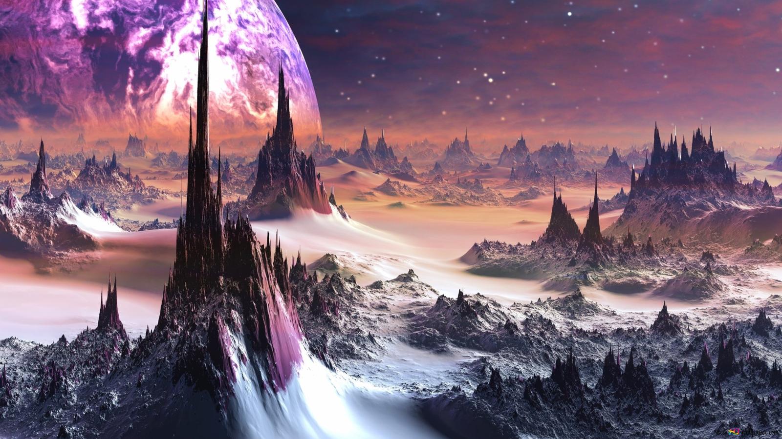  Desktop HD Hintergrundbild 1600x900. Science Fiction Landschaft Mit Schneebedeckten Felsen Und Der Welt HD Hintergrundbild Herunterladen
