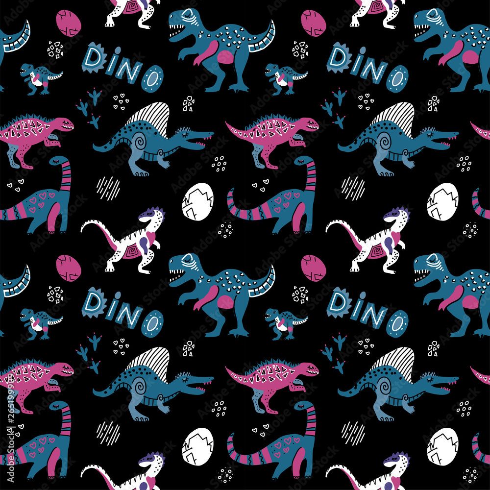  Dino Hintergrundbild 1000x1000. Hand Drawn Seamless Vector Pattern With Cute Dinosaurs, Eggs And Linear Decor. Repetitive Wallpaper On Black Background. Perfect For Fabric, Wallpaper, Wrapping Paper Or Nursery Decor. Cute Dino Design. Stock Vektorgrafik