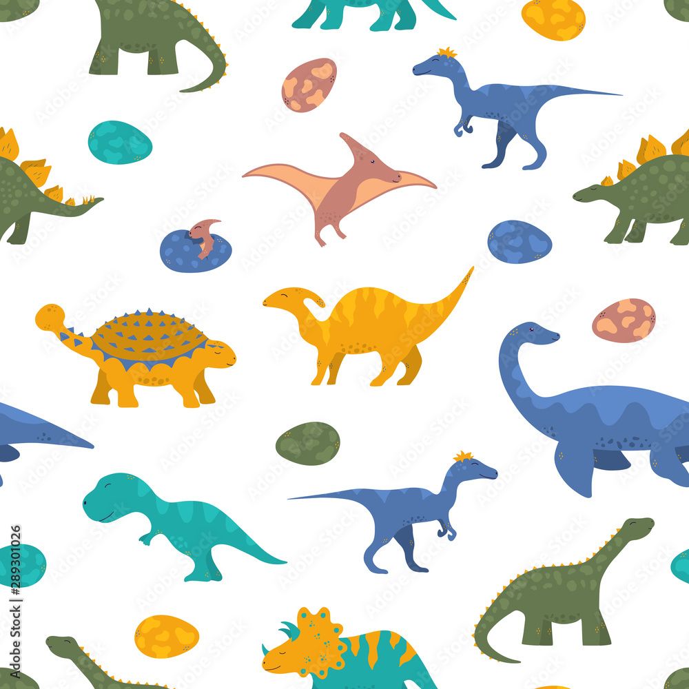  Dino Hintergrundbild 1000x1000. Cute Colorful Dinosaur Seamless Pattern For Kids Textile With Raptor, Rex And Pterodactyl. Vector Isolated Dino Wallpaper Background. Boy T Shirt Texture. Stock Vektorgrafik