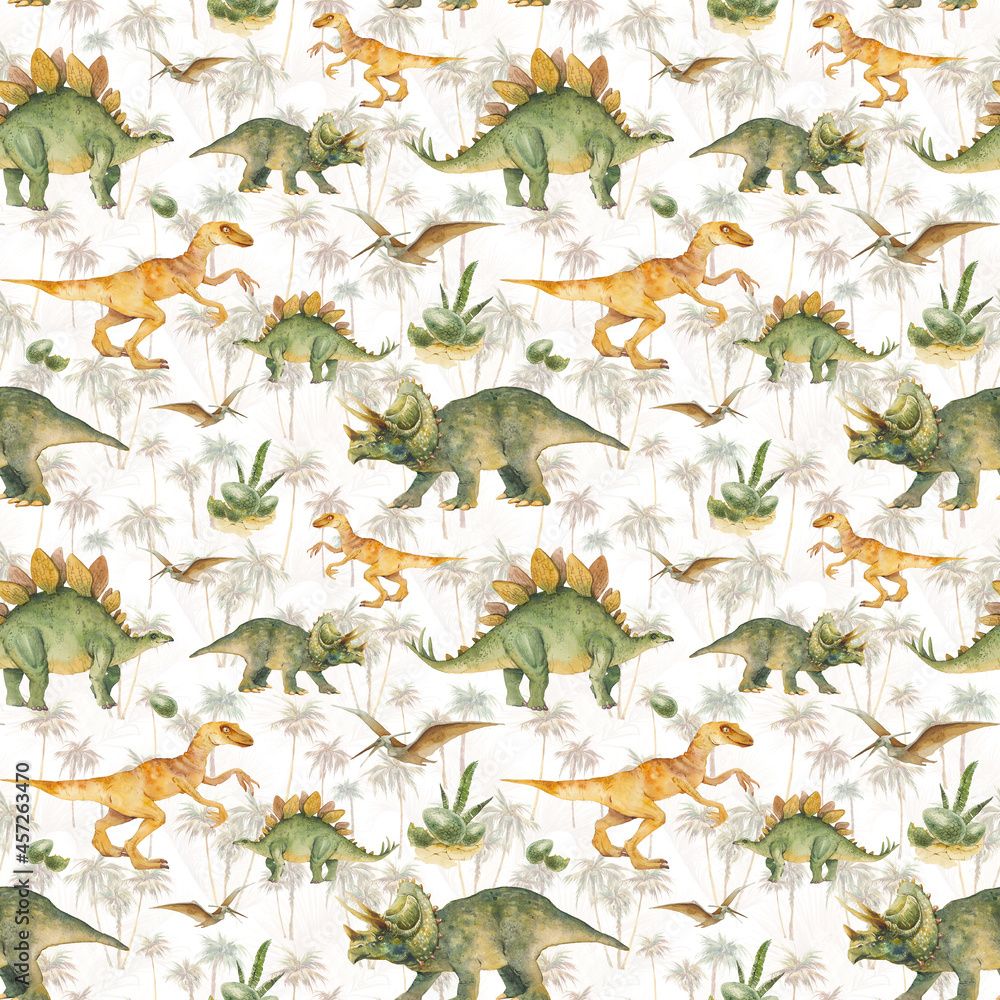  Dino Hintergrundbild 1000x1000. Dinosaur Seamless Pattern. Watercolor Cartoon Dino Wallpaper On Tropical Background. Surface Design With Palm Trees And Prehistorical Reptiles: Stegosaurus, Pterodactil, Triceratops Stock Illustration