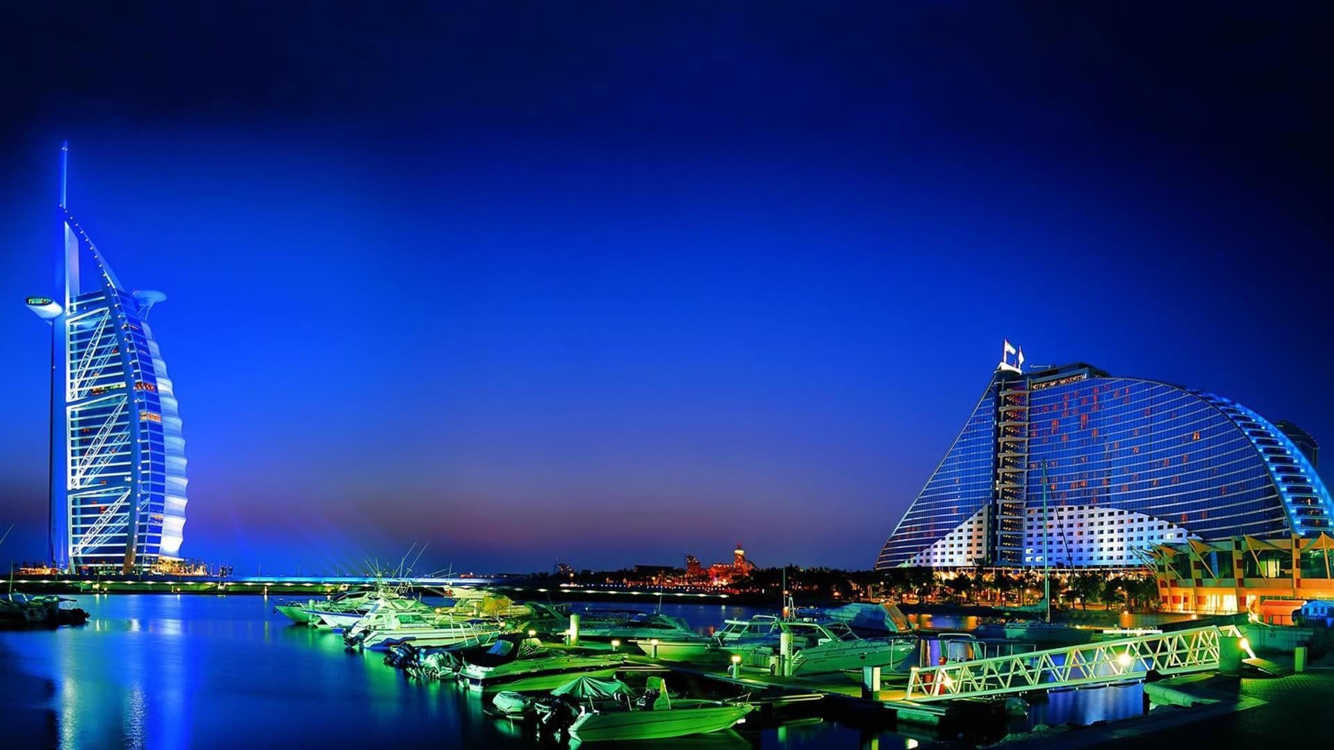  Dubai Hintergrundbild 1920x1080. Dubai Wallpaper, Night Sky, Cityscape, Skyscraper, City Lights, Bay, Boats