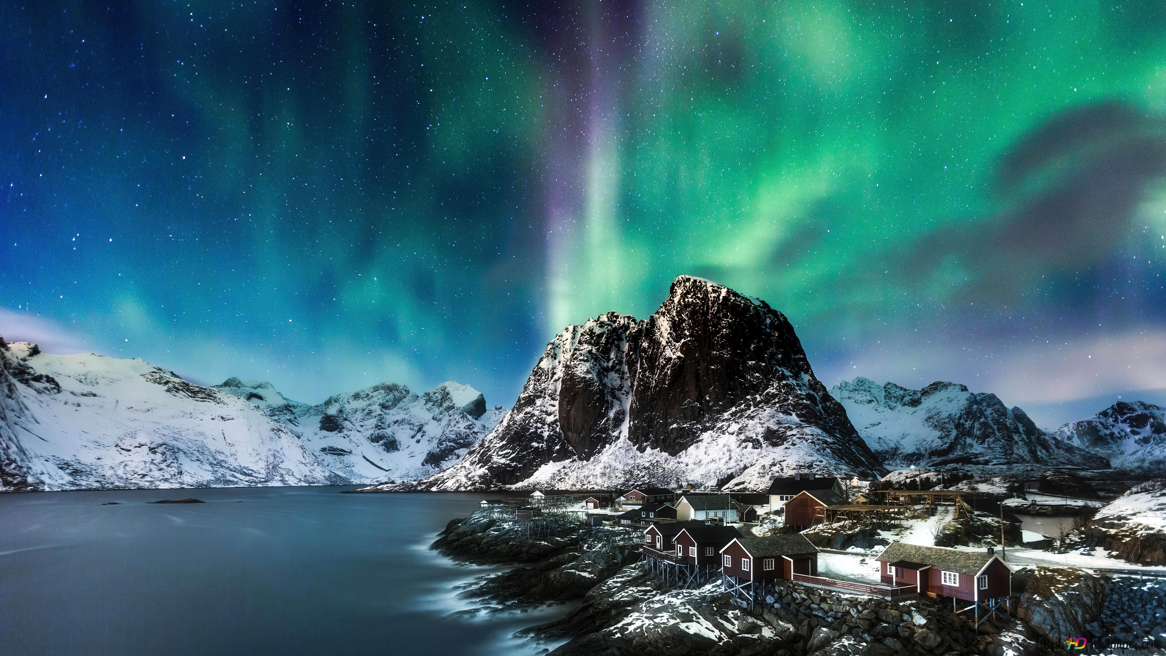 4k Hintergrundbild 3840x2160. Aurora Borealis Norwegen Insel Nacht Berglandschaft 4K Hintergrundbild herunterladen