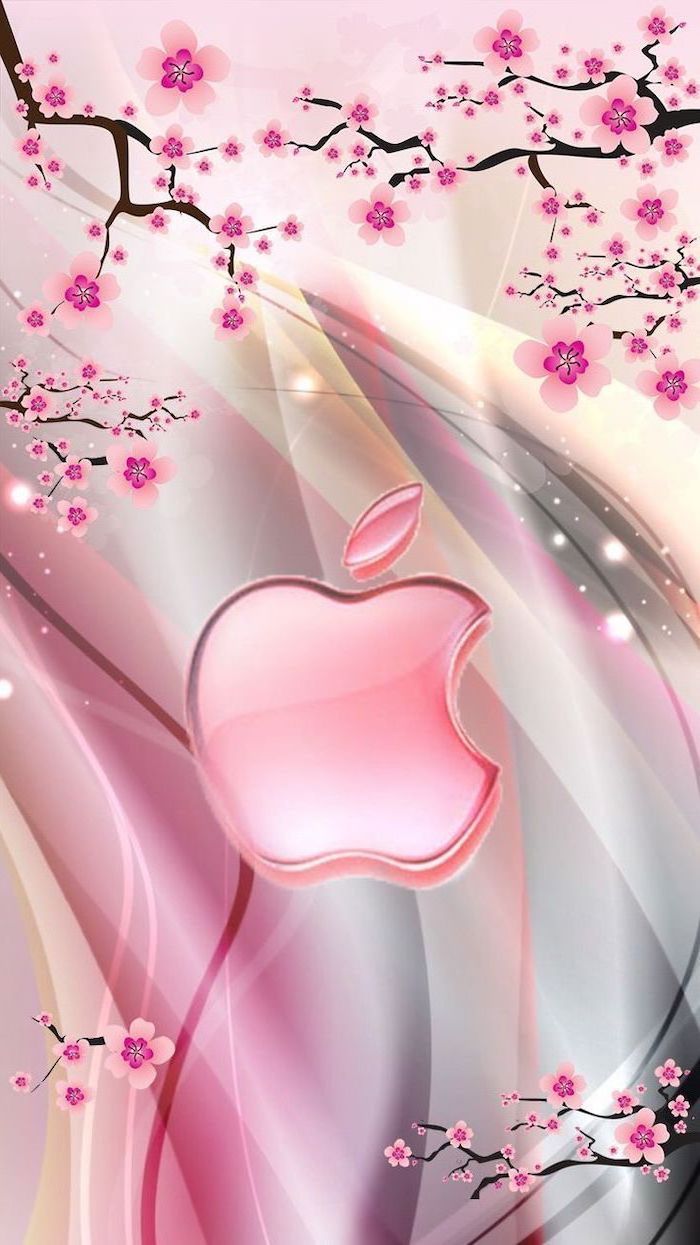Apple Rosa Hintergrundbild 700x1245. apple logo in the middle, blooming tree branches drawn, spring background, colourful. Papel de parede apple, Samsung papel de parede, Papel de parede cor de rosa