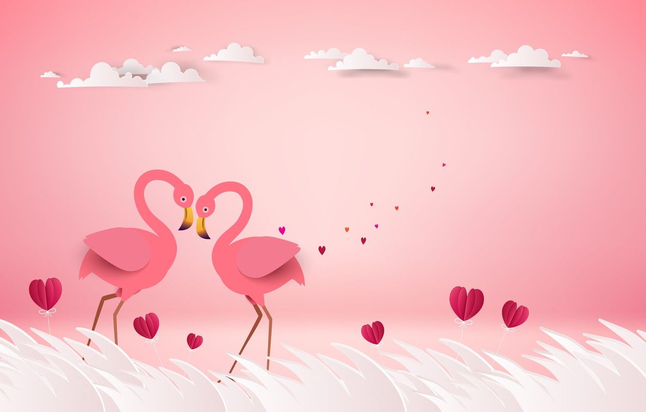  Flamingo Hintergrundbild 1332x850. Wallpaper love, birds, rendering, pair, hearts, pink background, Flamingo image for desktop, section рендеринг