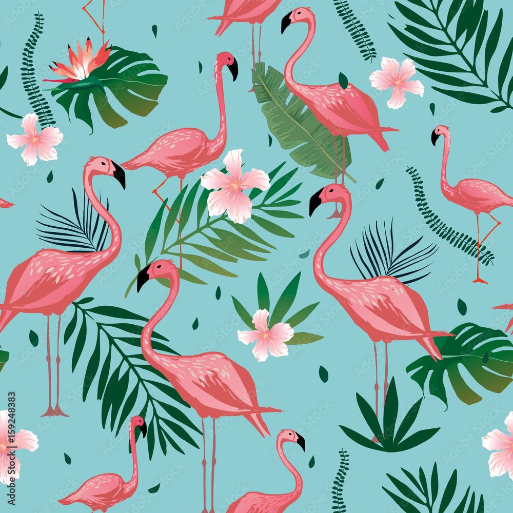  Flamingo Hintergrundbild 1000x1000. Pink Flamingo Seamless Pattern With Tropical Leaves And Flowers. Vector Background Design With Flamingos For Wallpaper, Fabric, Textile. Stock Vektorgrafik