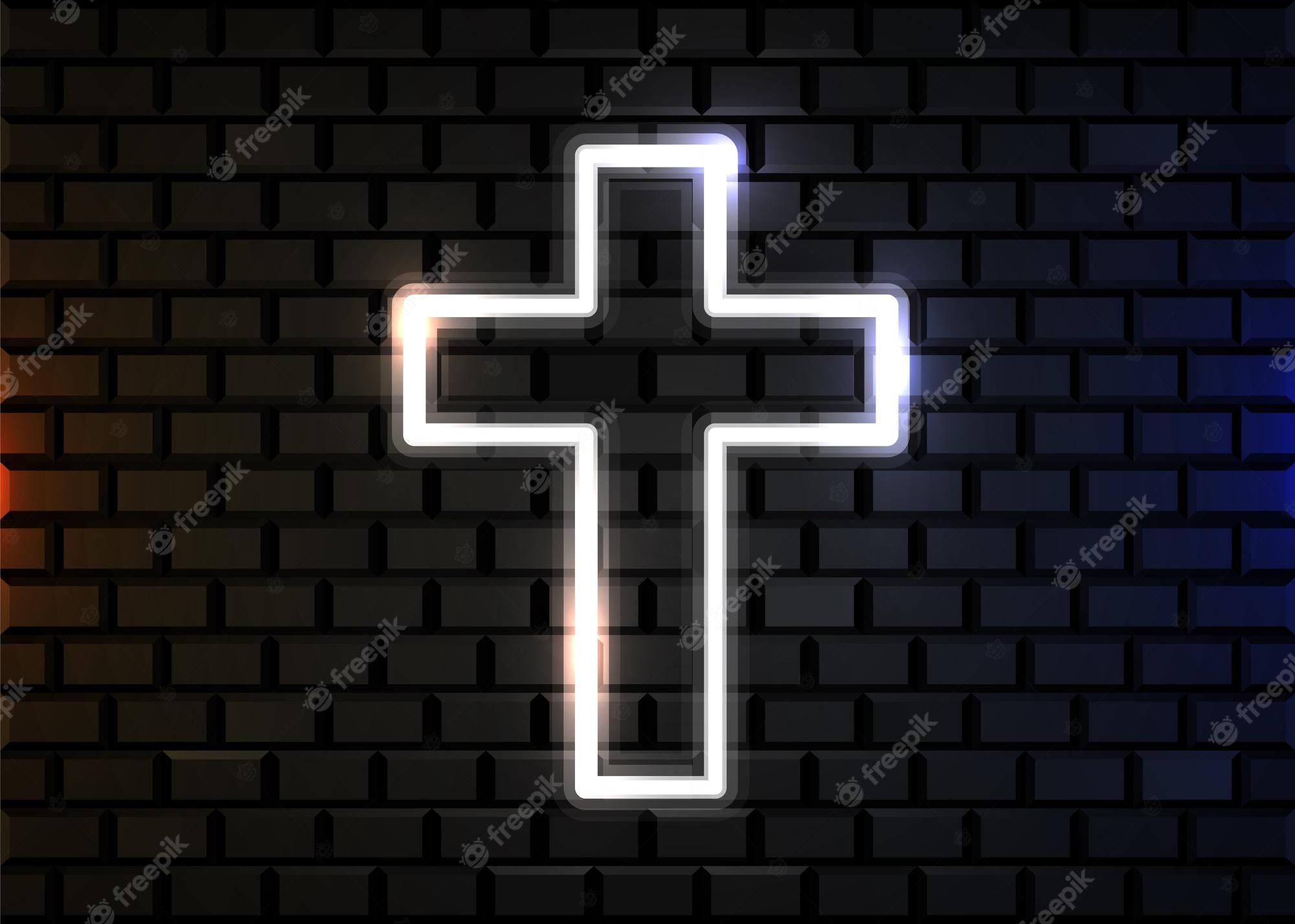  Christentum Hintergrundbild 2000x1428. Glühendes neonkreuz auf backsteinmauer. christliches symbol