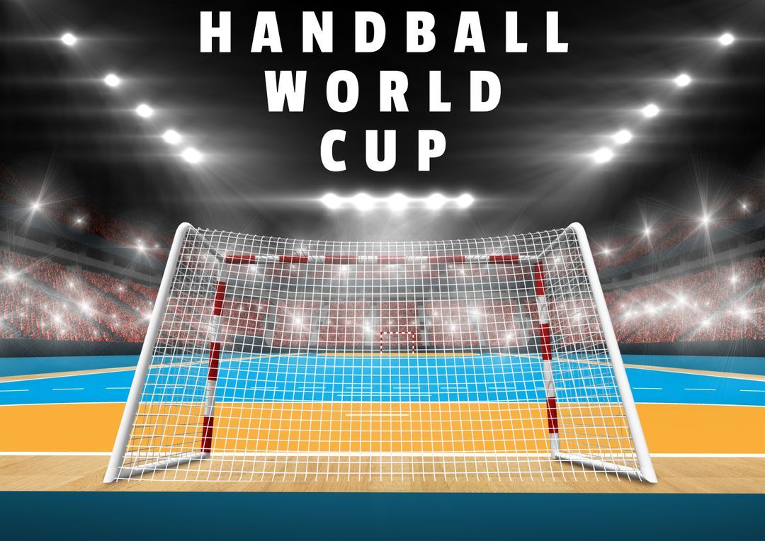  Handball Hintergrundbild 1080x764. Digital composite of handball world cup text with goal post at illuminated stadium from Pikwizard