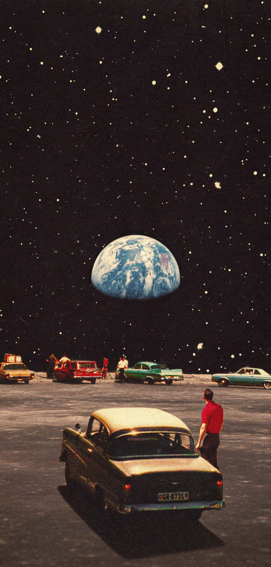  Retro Hintergrundbild 919x1920. Download Vintage Trippy Retro Aesthetic Car Parked On The Moon Wallpaper