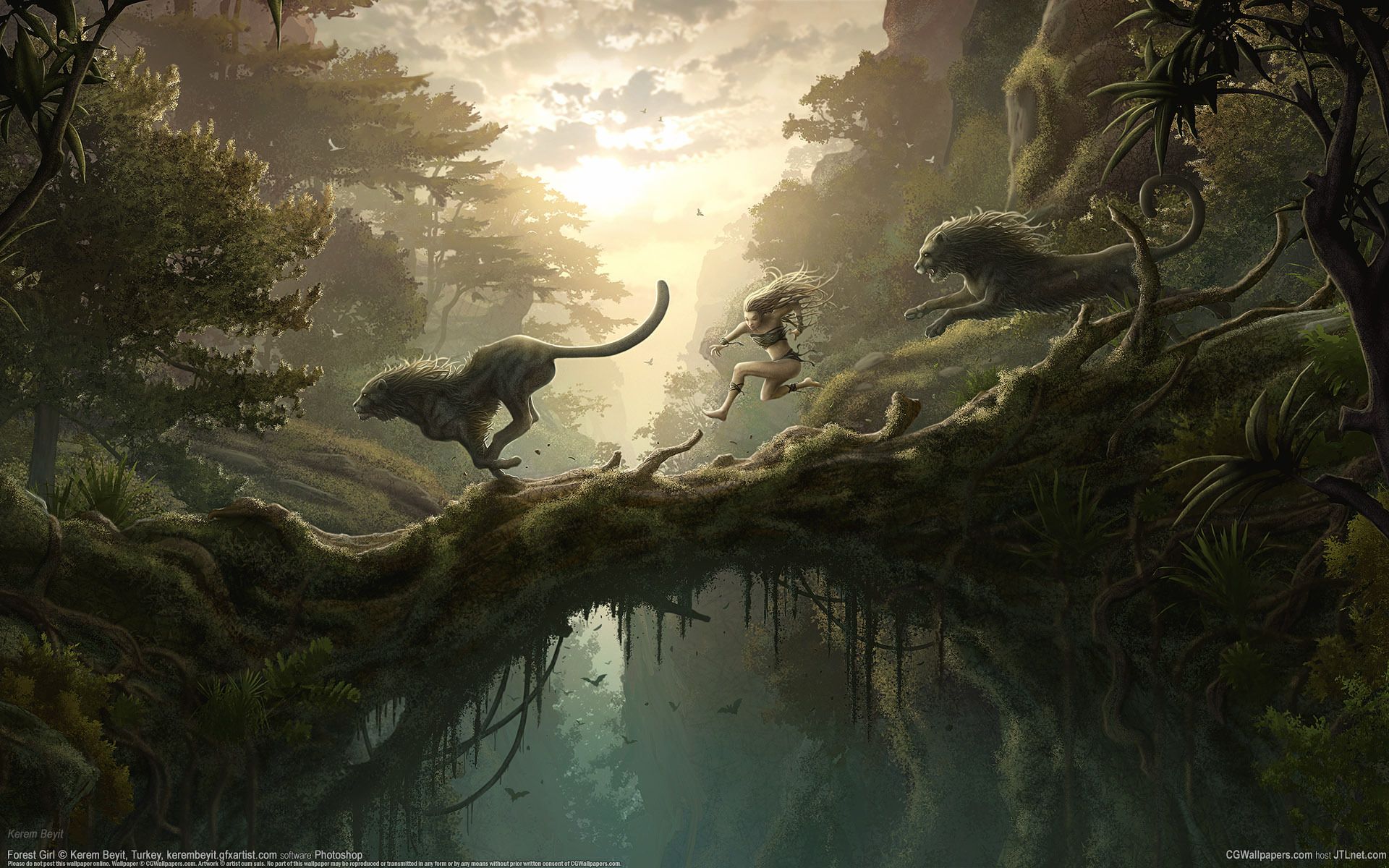Dschungel Hintergrundbild 1920x1200. Download Hintergrundbild mädchen, fantasy, löwen, dschungel die Auflösung 1280x720