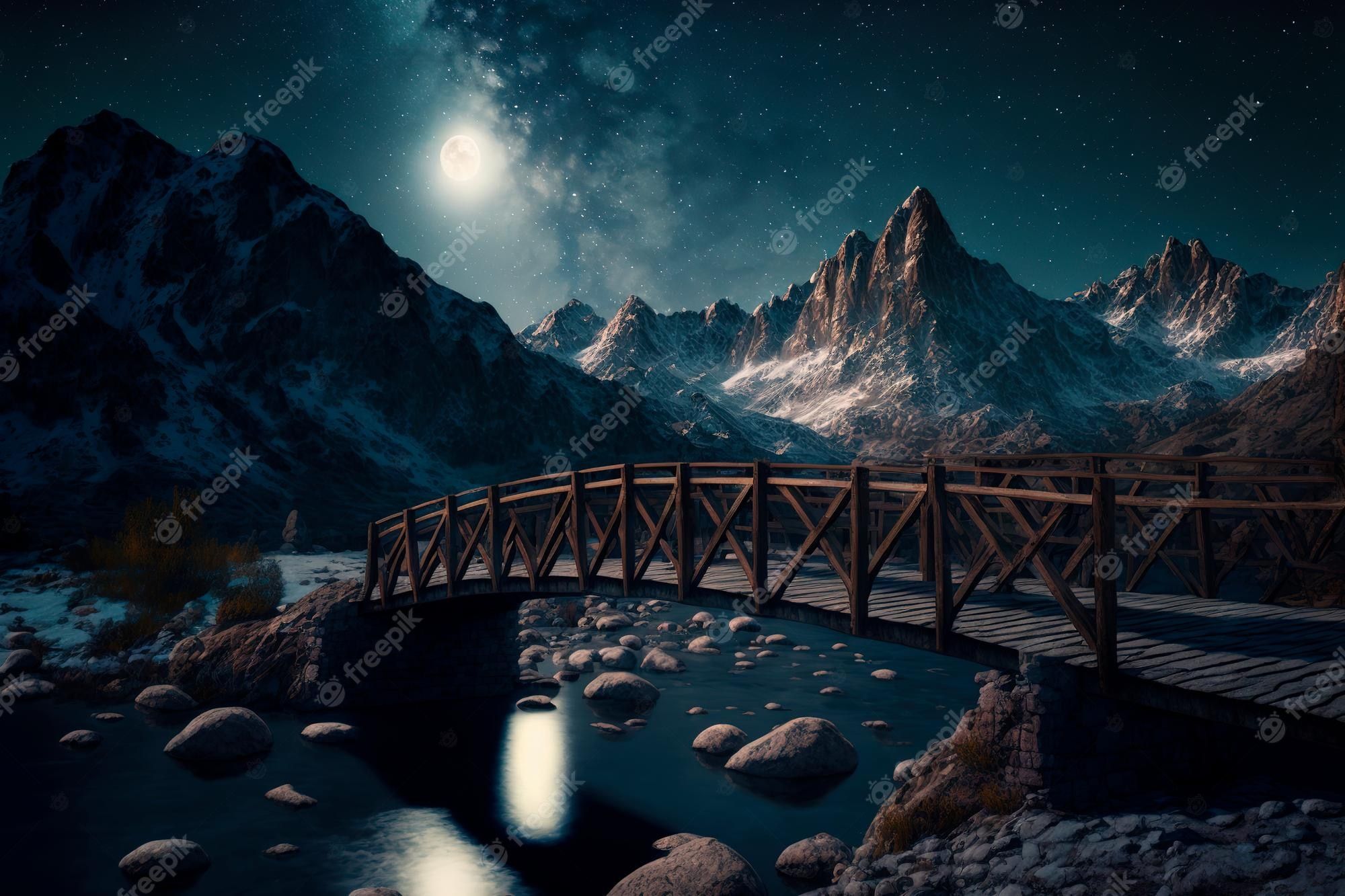  Brucke Hintergrundbild 2000x1333. Digitale kunst brücke über den fluss in den bergen vor dem hintergrund des sternenhimmels