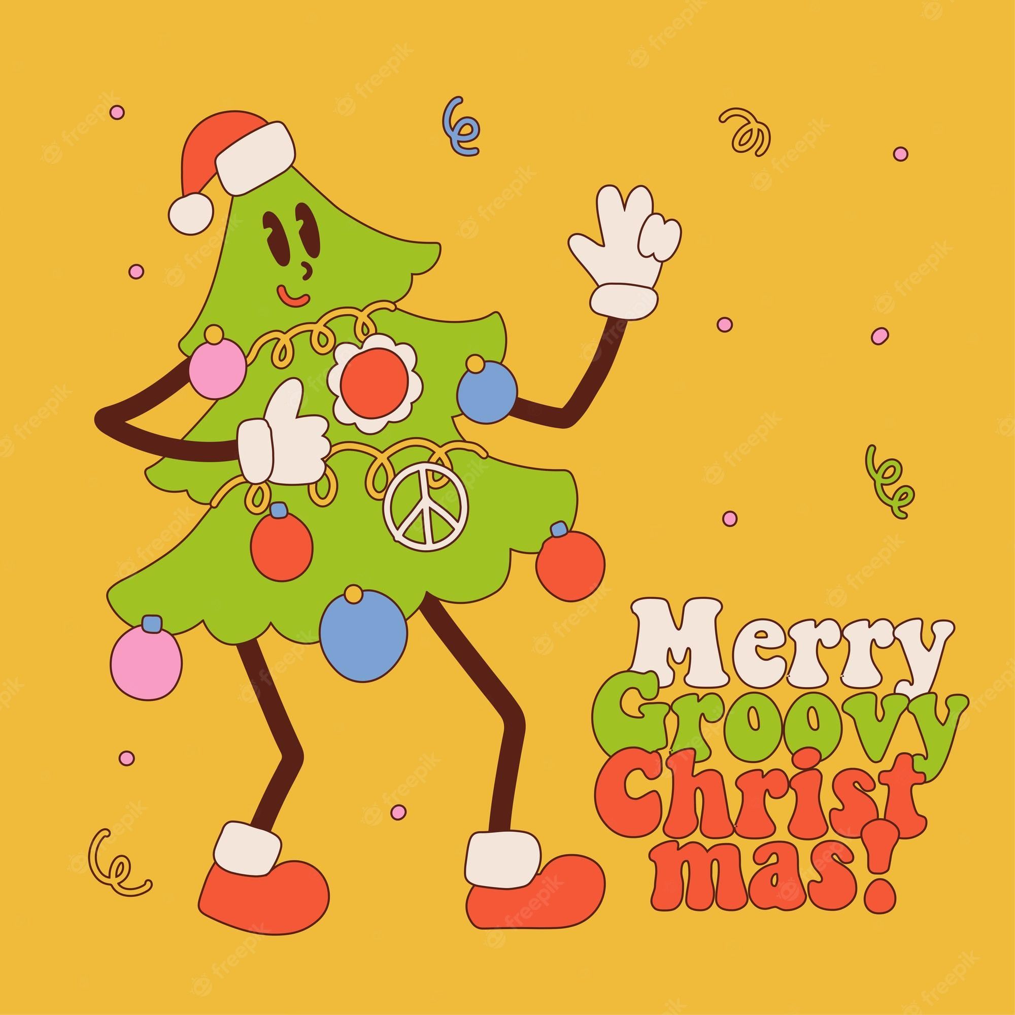  Fröhliche Hintergrundbild 2000x2000. Retro Cartoon Weihnachtsbaumfigur Im Trendigen Vintage Hippie Stil, Frohe, Groovige Weihnachtsbriefe