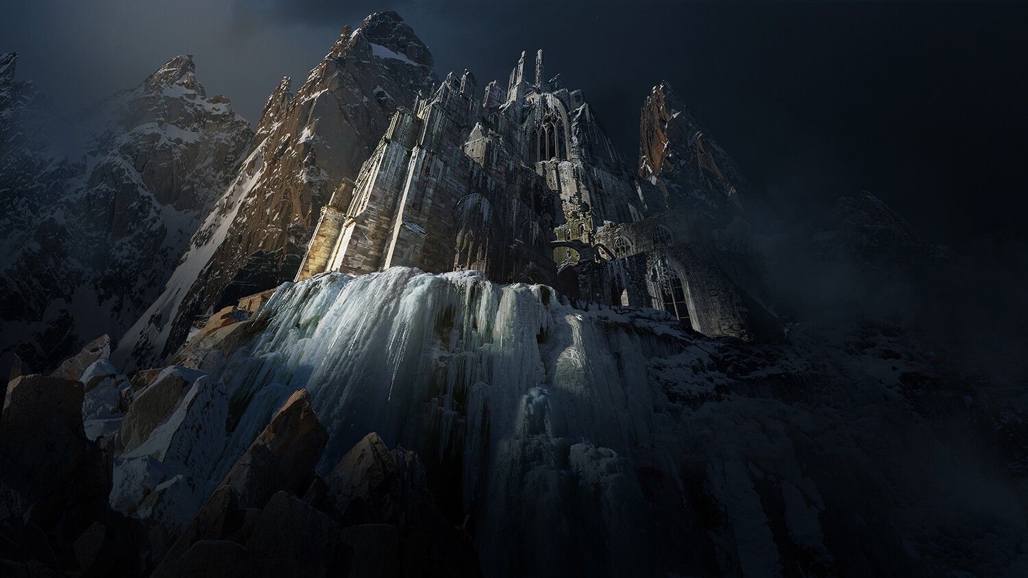  Myst Hintergrundbild 1500x844. Andrey Bakulin, digital, Myst, castle, artwork, fantasy art, landscape, mountains Gallery HD Wallpaper