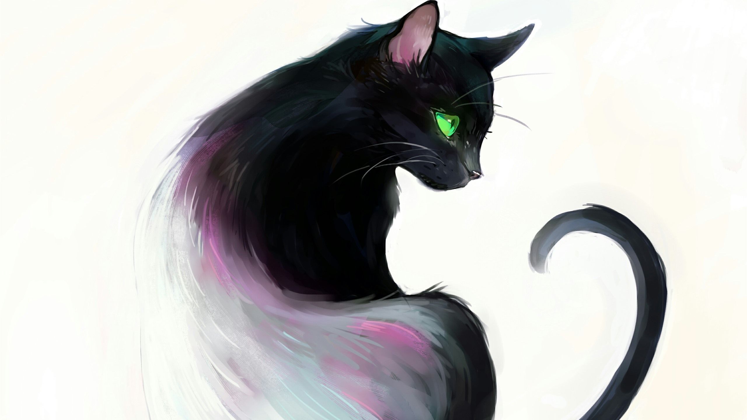  Katzen Hintergrundbild 2560x1440. Kunstmalerei, schwarze Katze, Blick zurück, grüne Augen, Buch 2880x1800 HD Hintergrundbilder, HD, Bild