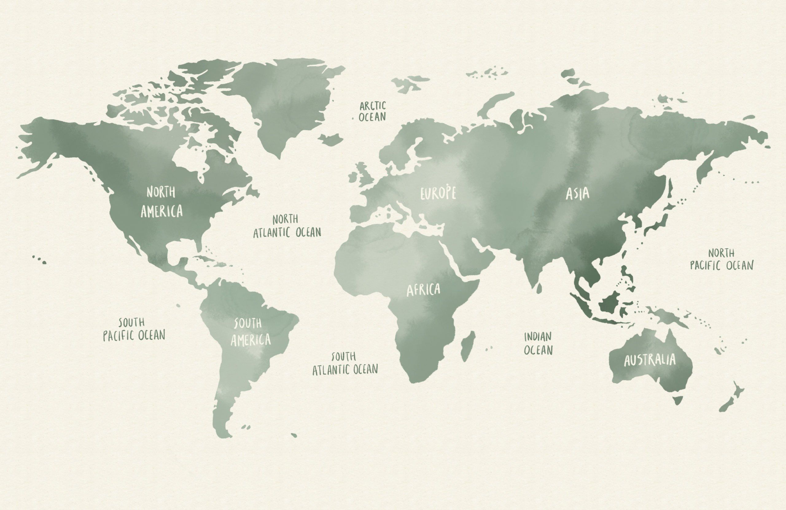  Weltkarte Hintergrundbild 2560x1661. Fototapete Weltkarte in Aquarellfarbe Salbeigrün und Neutral