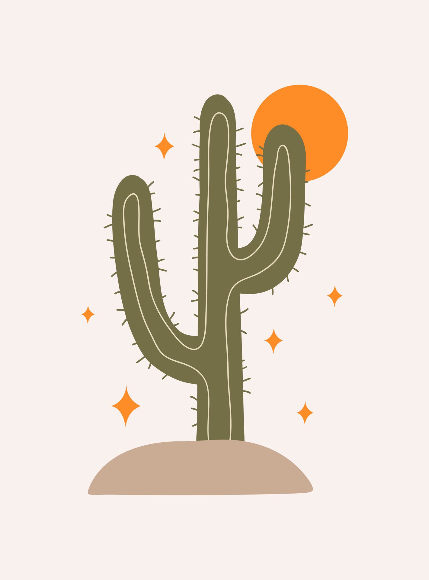  Kaktus Hintergrundbild 1421x1920. Modern abstract aesthetic background with mexican cactus, stars and sun. Wall decor in boho style. Mid century vector print for cover, wallpaper, card, social media, interior decor