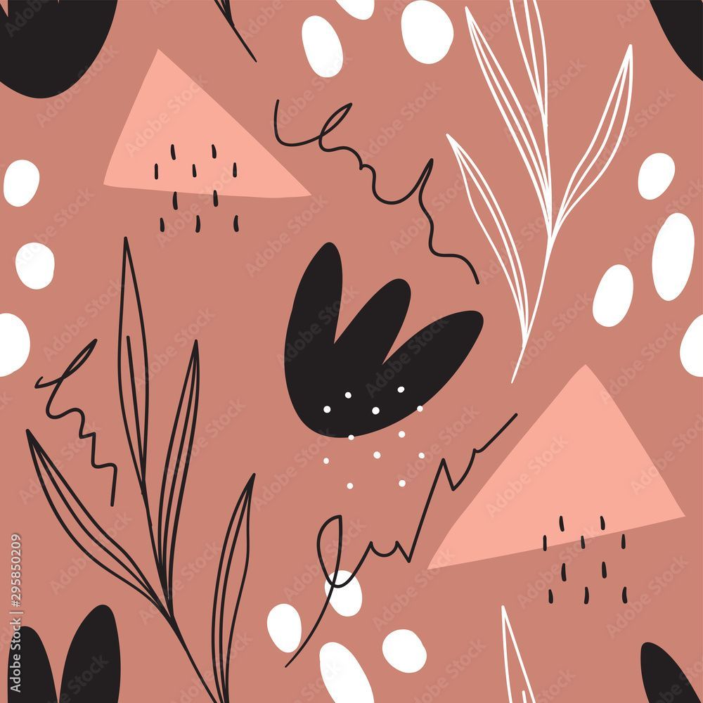  Muster Hintergrundbild 1000x1000. Modern Simple Shapes Seamless Pattern For Print, Fabric, Wallpaper. Scandinavian Aesthetic Background. Hand Drawn Leaves And Flowers Elements. Stock Vektorgrafik
