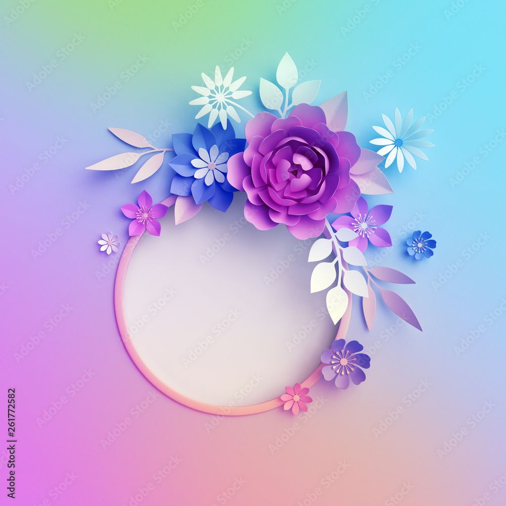  Neon 3D Hintergrundbild 1000x1000. 3D Render, Neon Paper Flowers, Isolated Round Frame, Wreath, Pastel Color Botanical Wallpaper, Greeting Card Template, Minimal Background, Space For Text, Blank Banner Stock Illustration